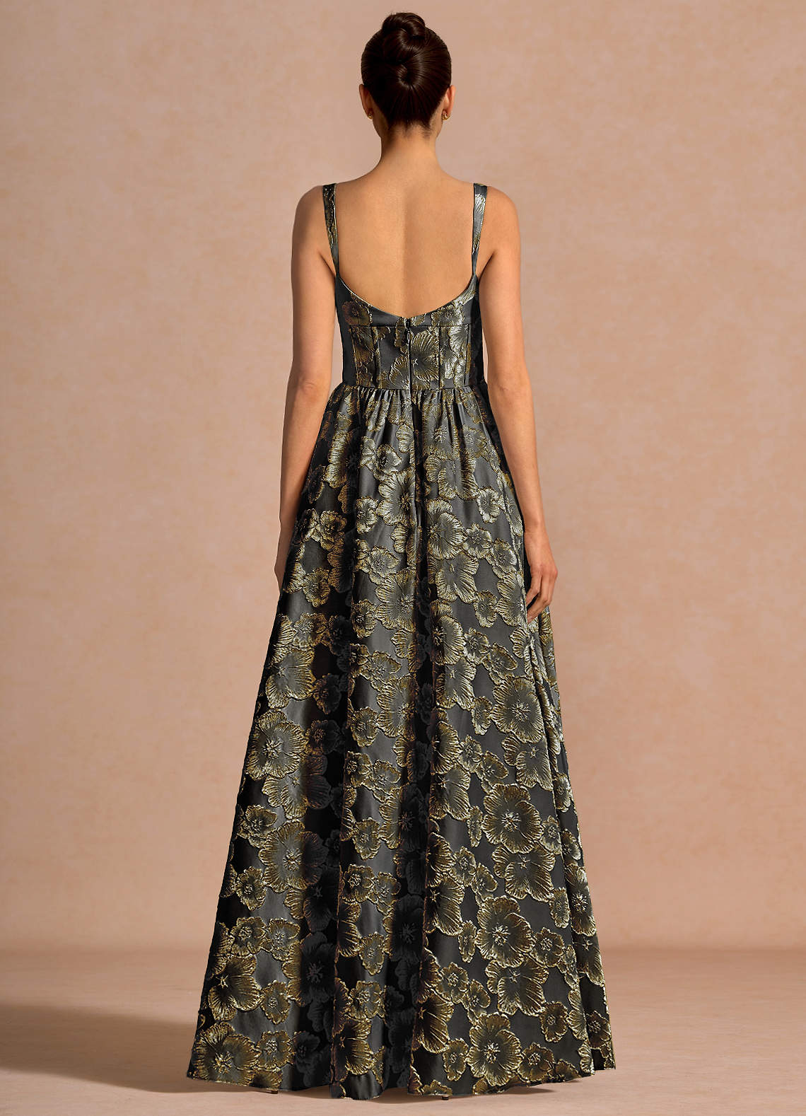 Julietteh A-Line Strappy Jacquard Taffeta Evening Dress in Black