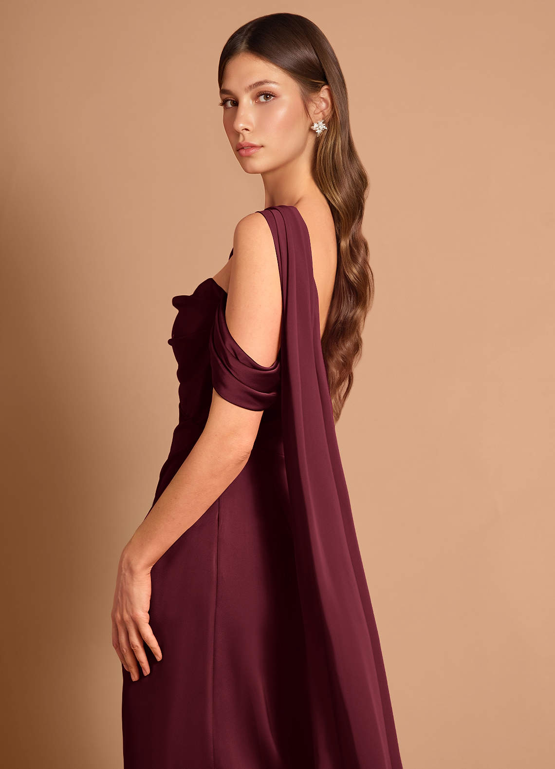 Meliora Asymmetric Strapless Chiffon-Drape Stretch Satin Evening Dress in Wine