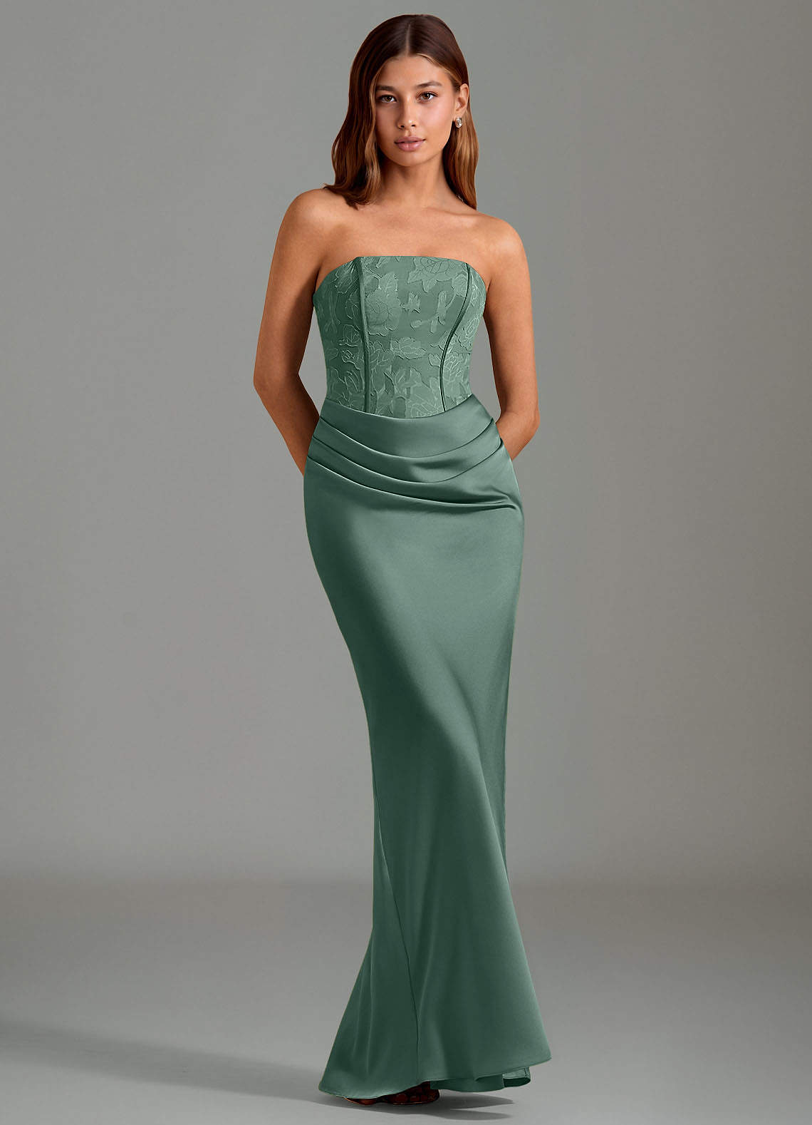Emilia Mermaid Strapless Stretch Satin and Floral Burnout Bridesmaid Dress in Eucalyptus
