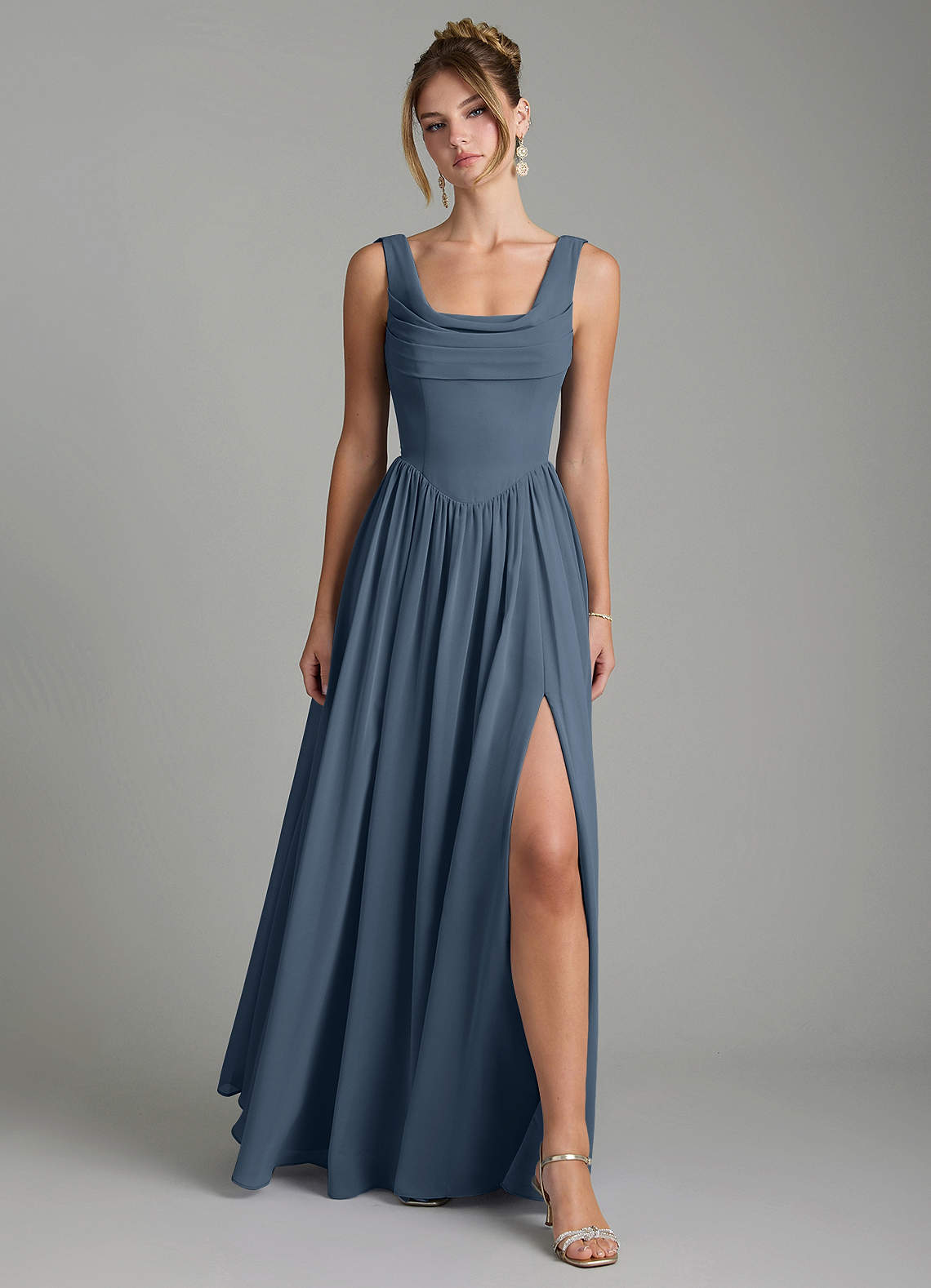 Novi A-Line Square-Neck Chiffon Bridesmaid Dress in Neptune