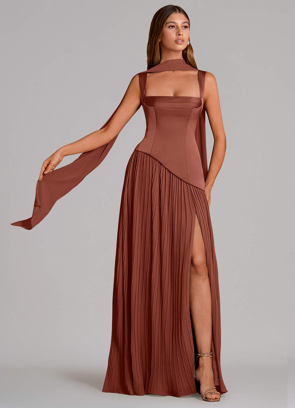Stephanie A-Line Square-Neck Stretch Satin and Chiffon Bridesmaid Dress in Auburn