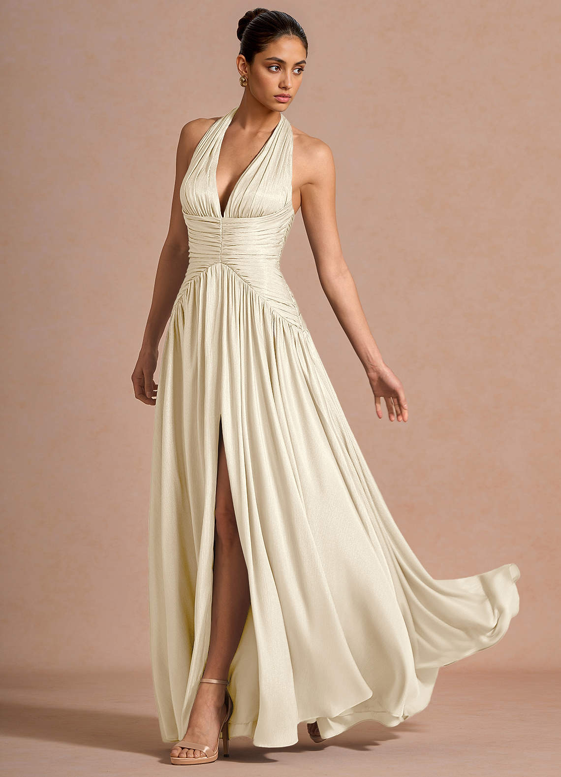 Hecate A-Line Halter Satin-Faced Chiffon Evening Dress in Sky Blue