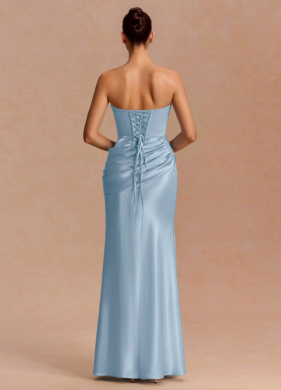 Leonie Strapless Draped-Shoulder Satin Evening Dress in Sky Blue
