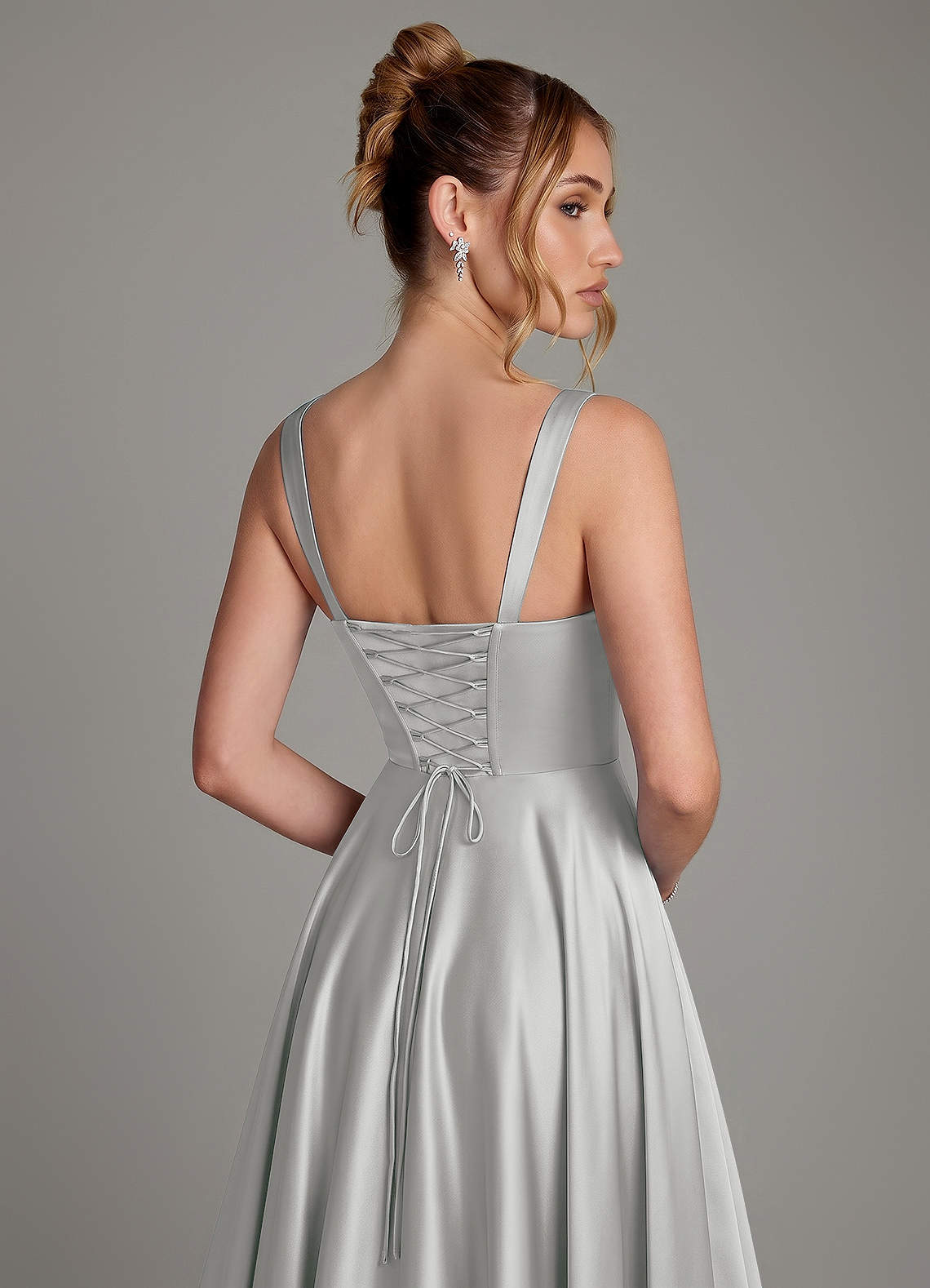 Azaria A-Line Square-Neck Stretch Satin Bridesmaid Dress in Silver