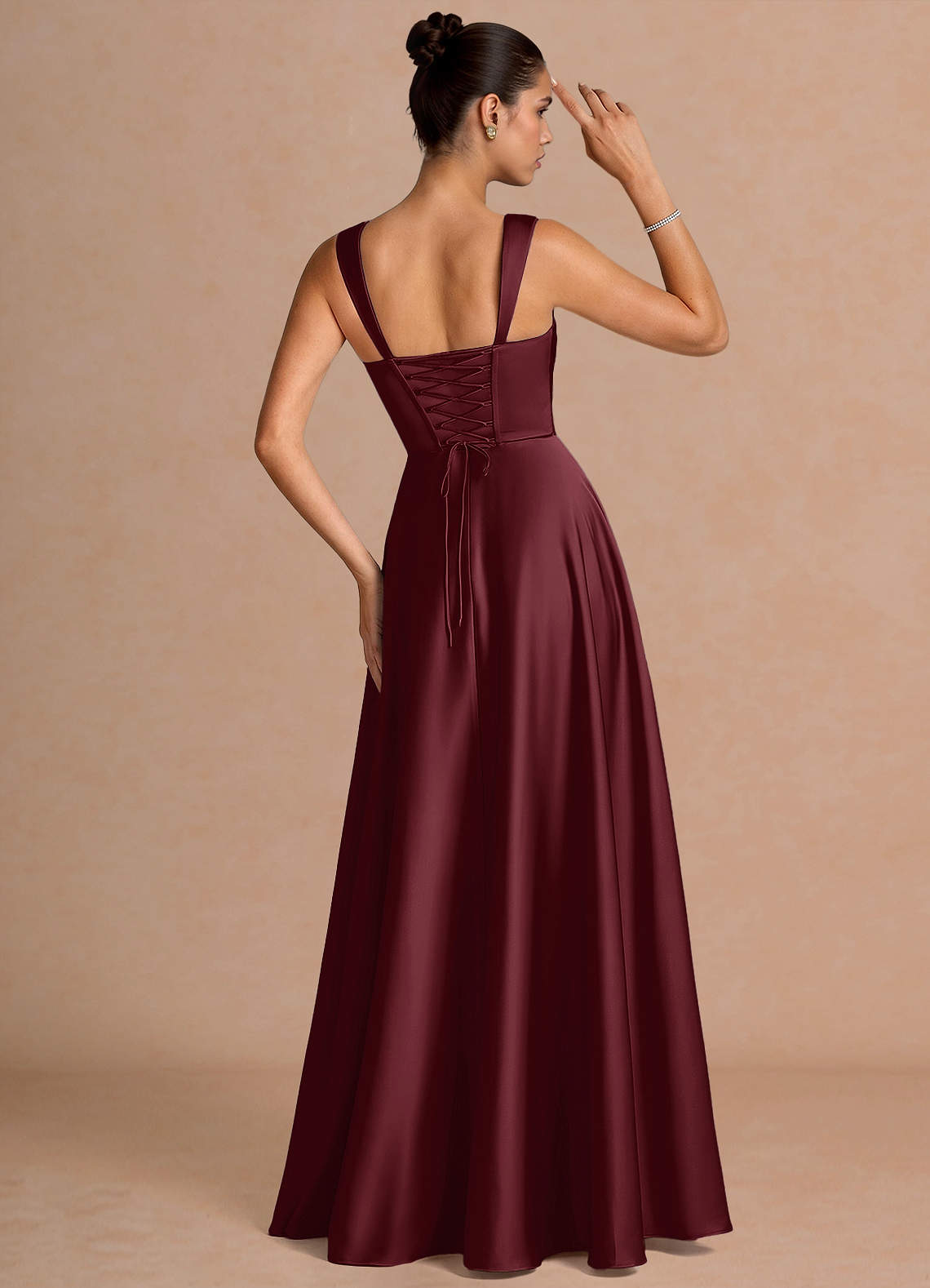 Azaria A-Line Square-Neck Stretch Satin Wedding Guest Dress in Wine