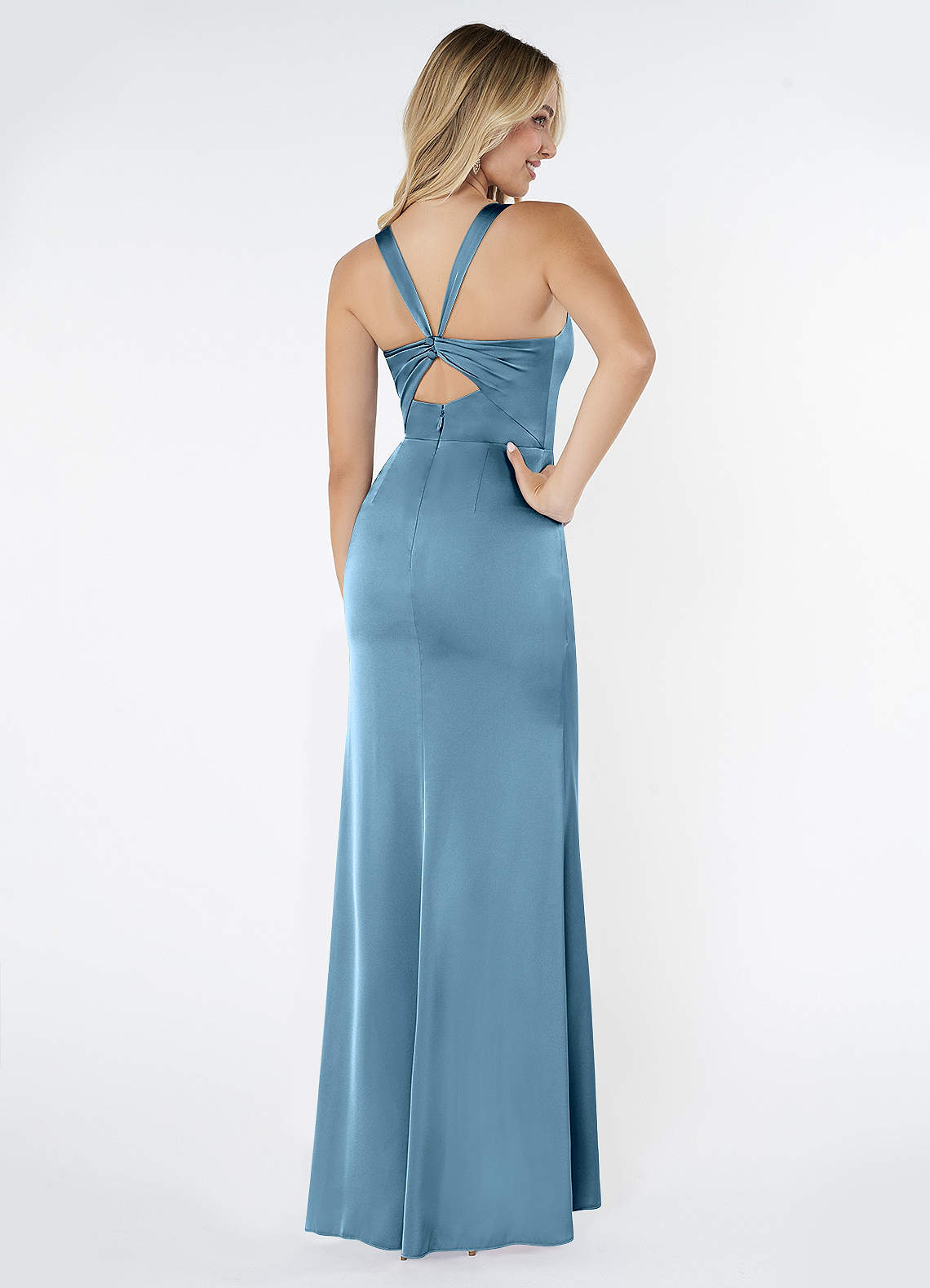 Mero Mermaid Square-Neck Stretch Satin Bridesmaid Dress in Steel Blue