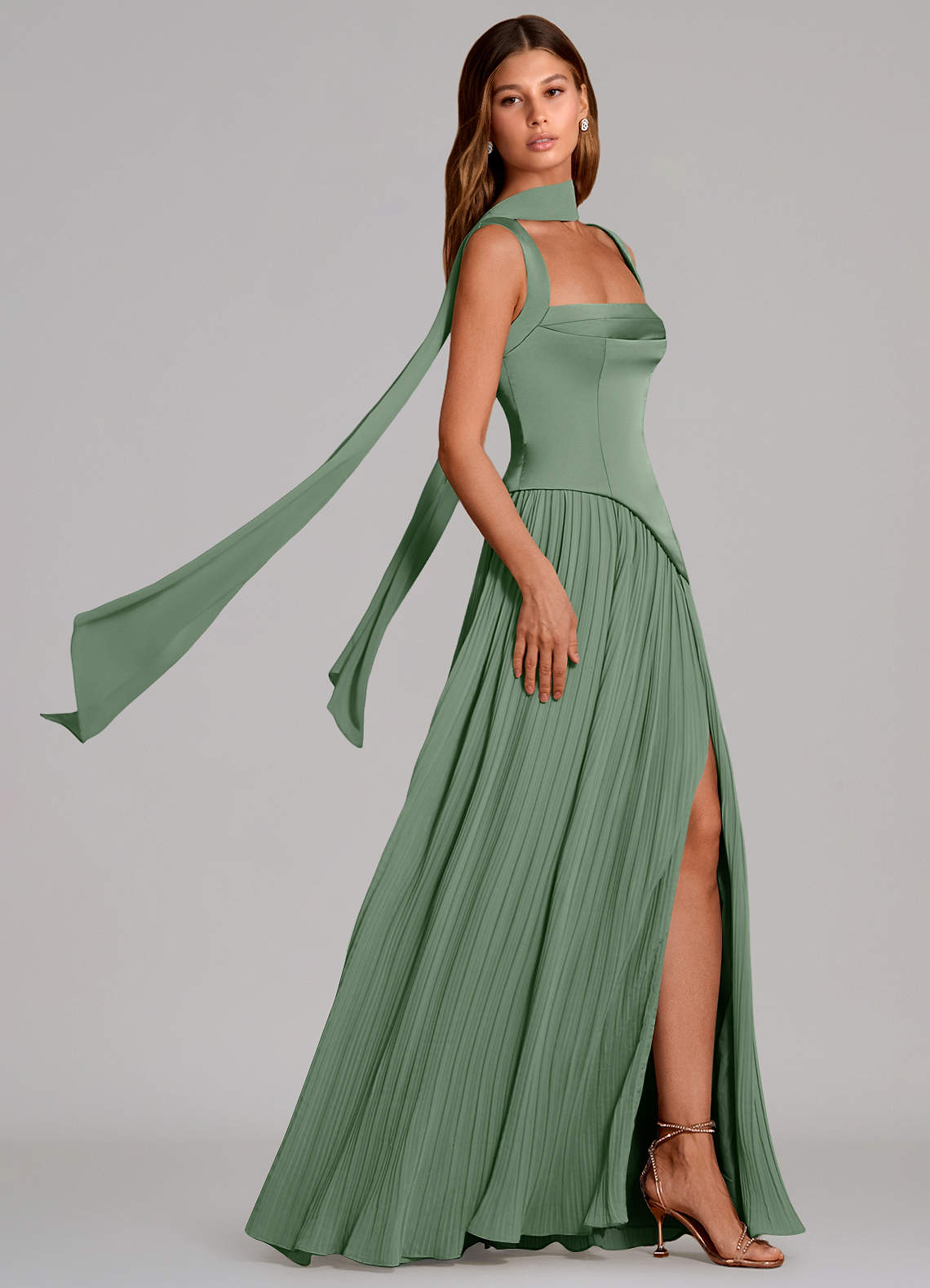 Stephanie A-Line Square-Neck Stretch Satin and Chiffon Bridesmaid Dress in Matcha