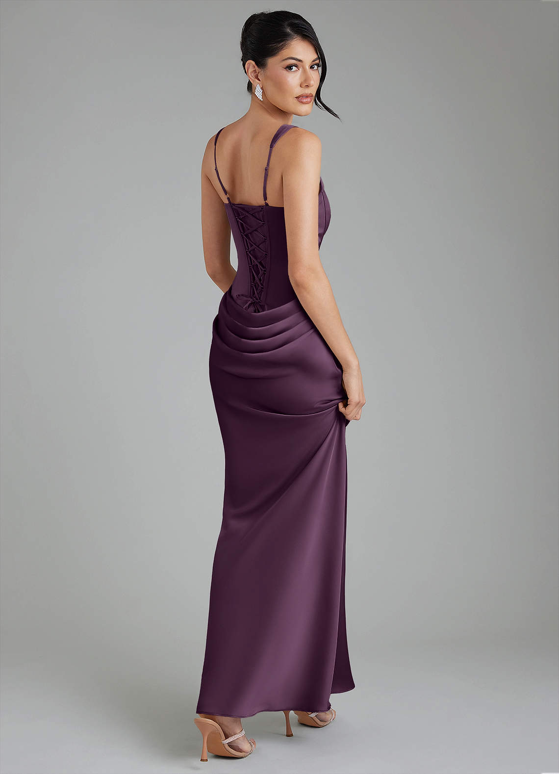 Etta Mermaid Square-Neck Stretch Satin Bridesmaid Dress in Plum