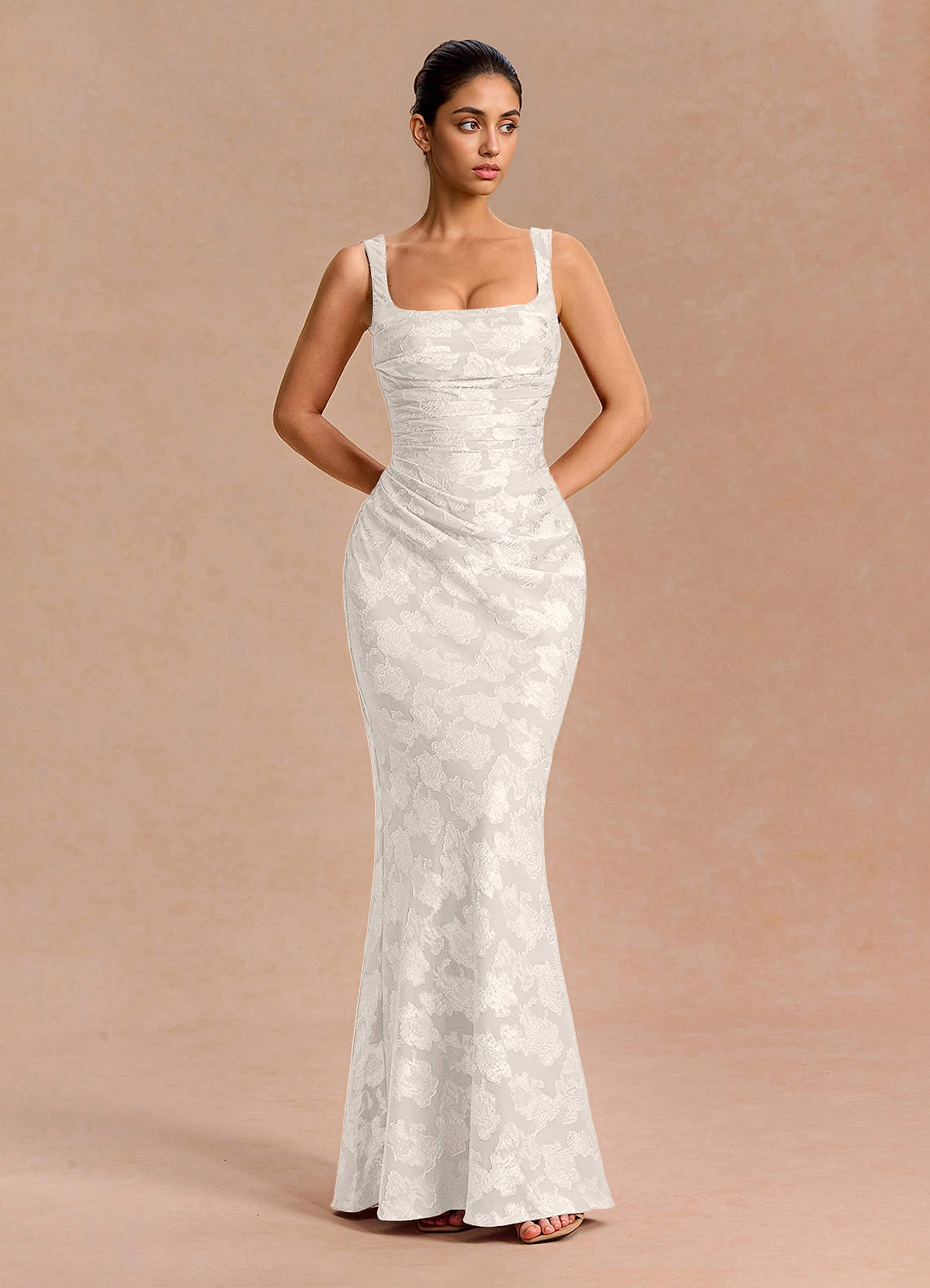 Agustina Square-Neck Pleated Fil Coupé Evening Dress in White
