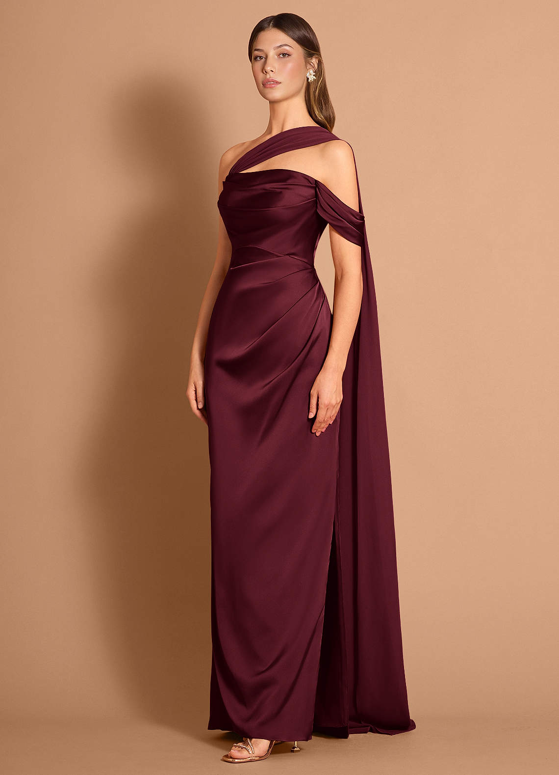 Meliora Asymmetric Strapless Chiffon-Drape Stretch Satin Evening Dress in Wine