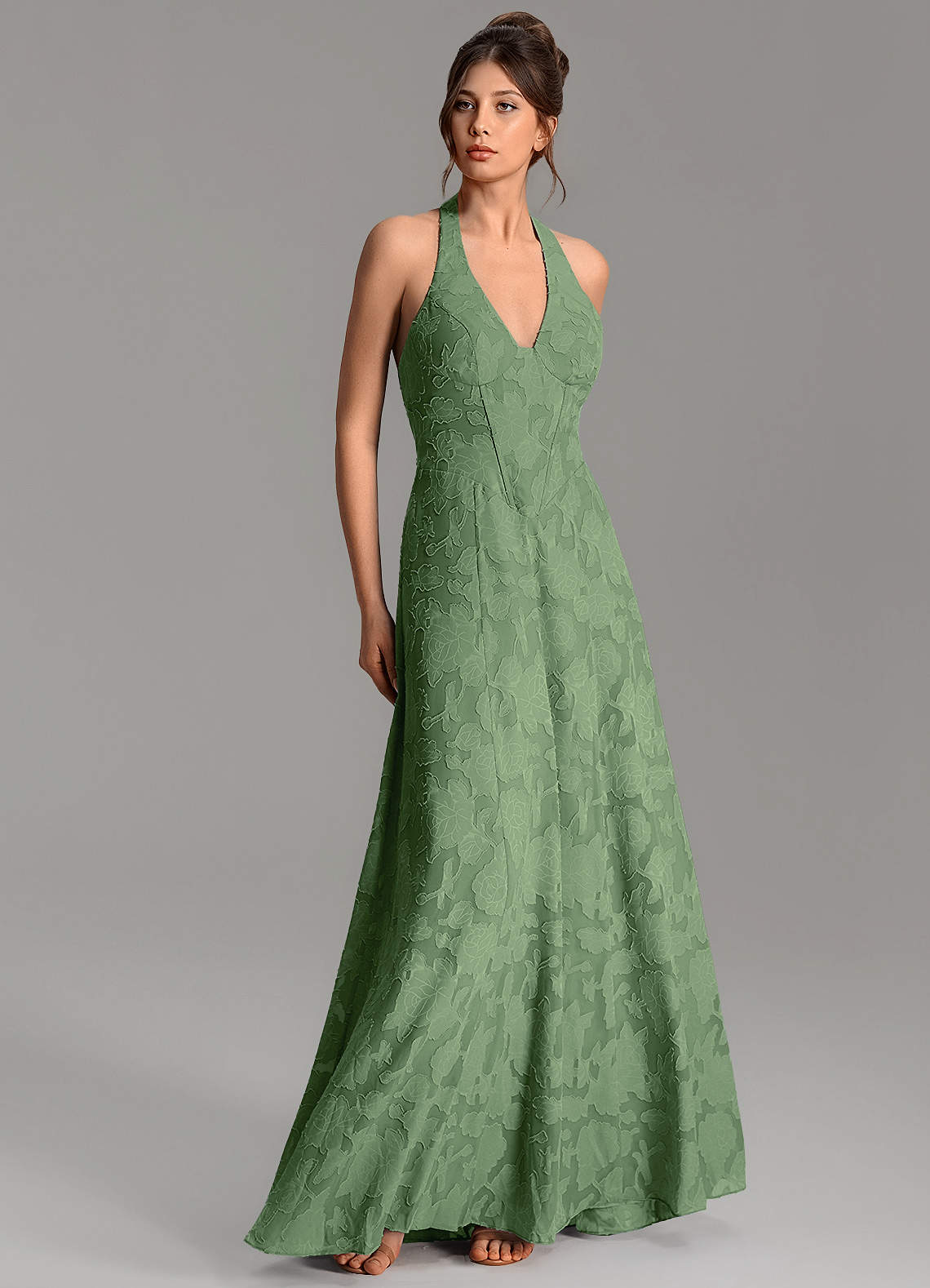 Nia A-Line V-Neck Floral Burnout Bridesmaid Dress in Eucalyptus