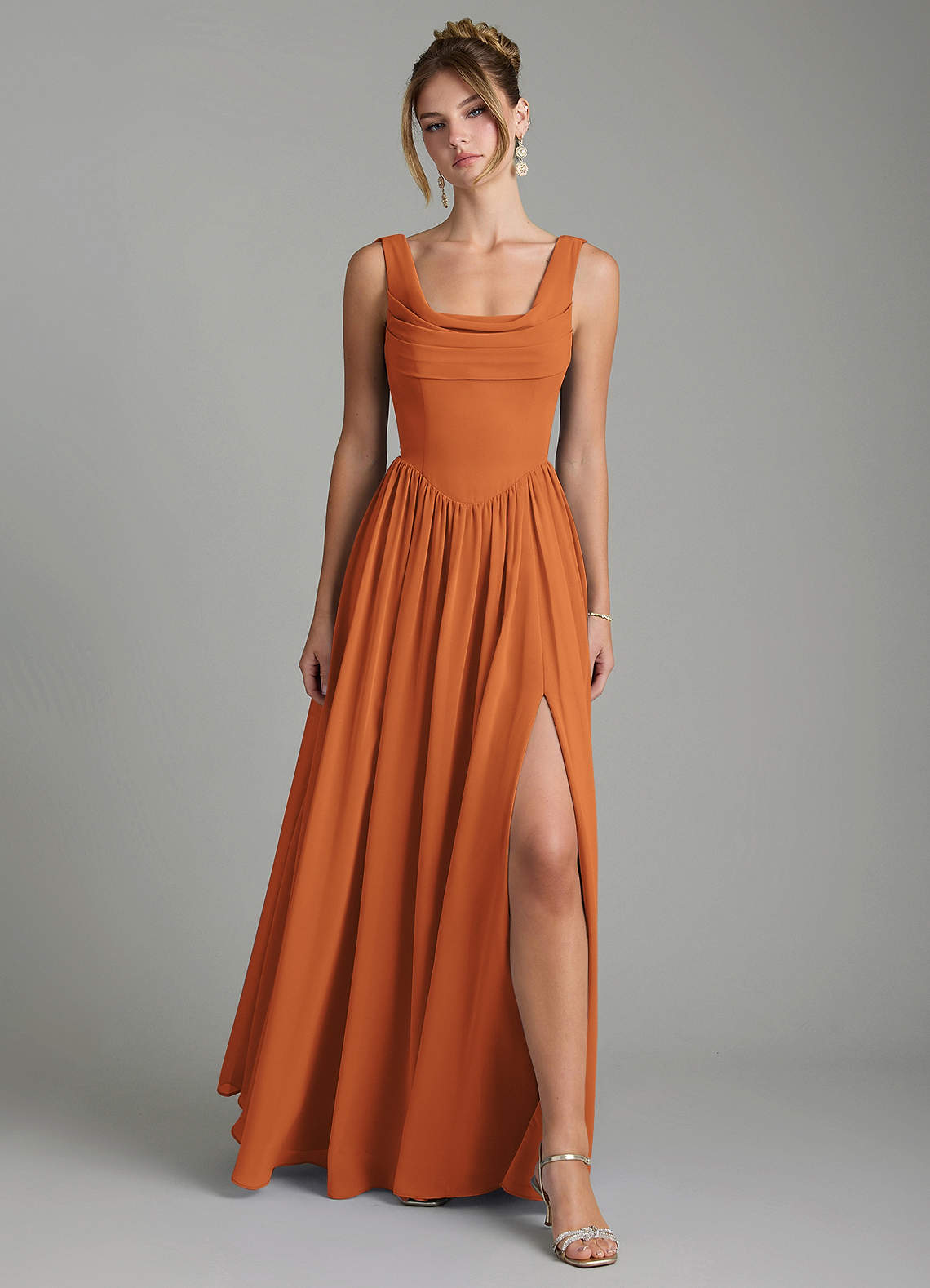 Novi A-Line Square-Neck Chiffon Bridesmaid Dress in Cinnamon
