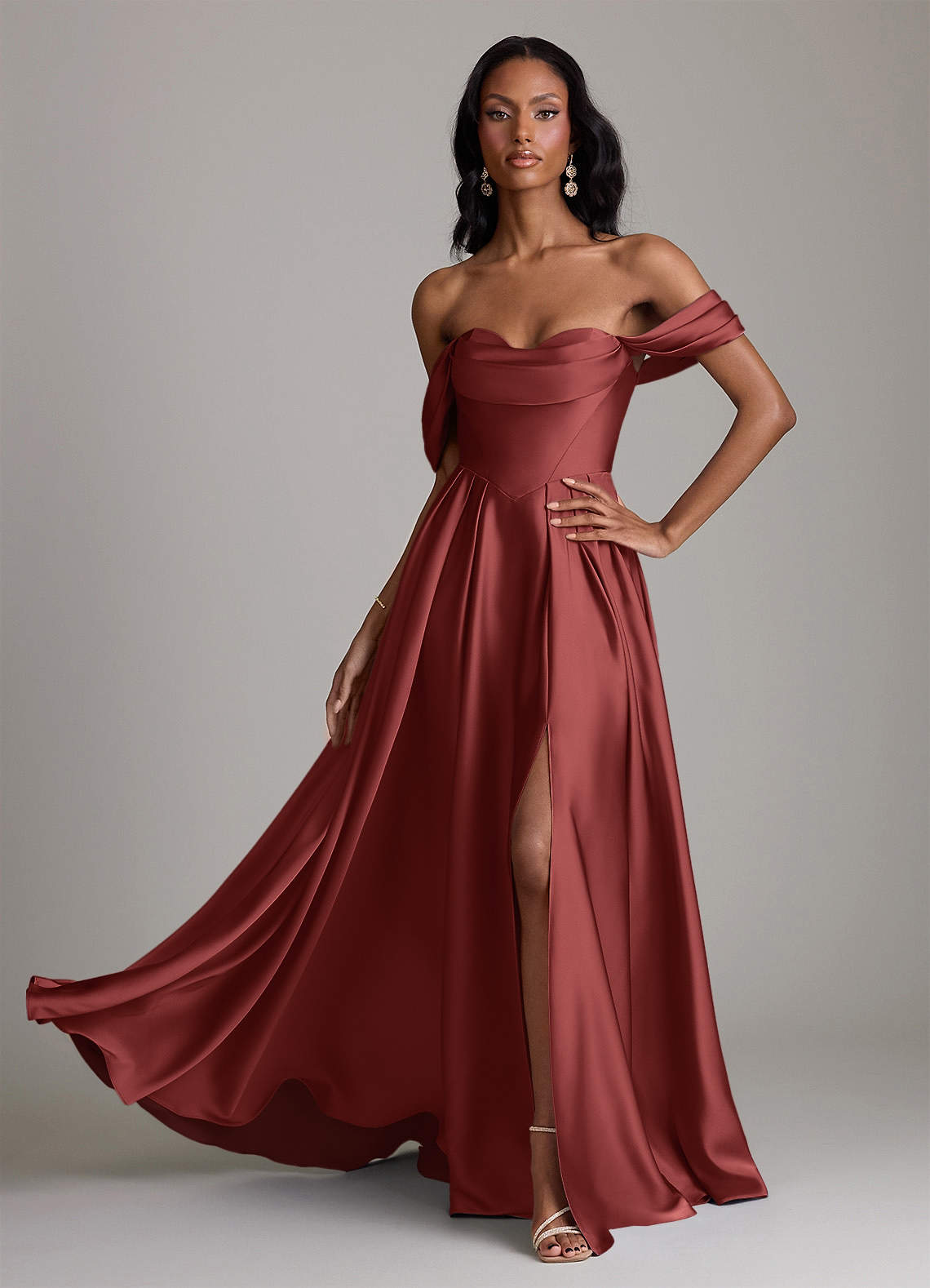 Loisa A-Line Off-the-Shoulder Stretch Satin Bridesmaid Dress in Terracotta