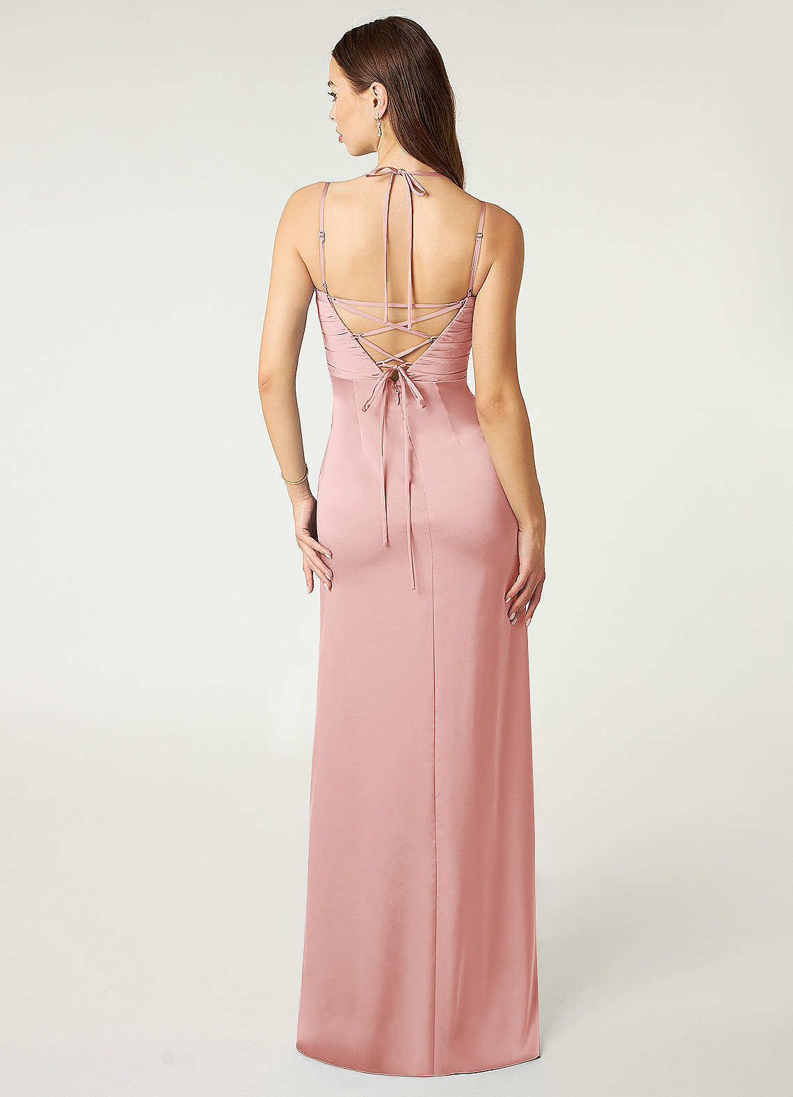 Desi Sheath Halter Stretch Satin Bridesmaid Dress in Powder Pink