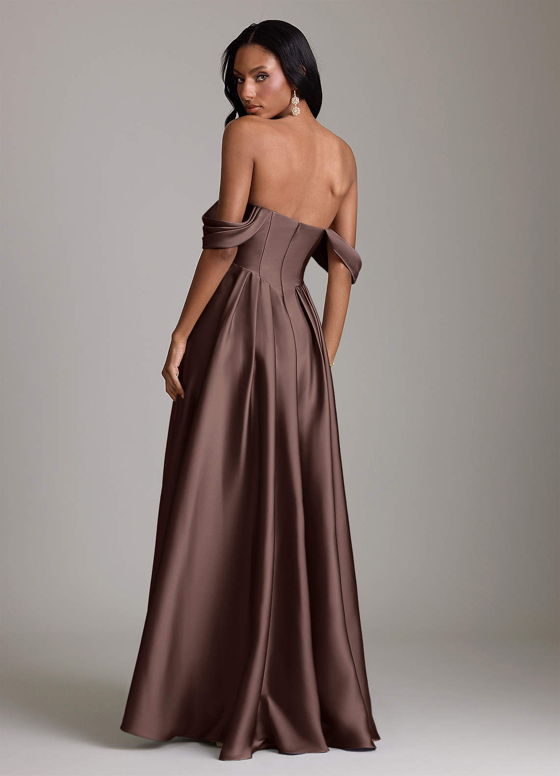 Loisa A-Line Off-the-Shoulder Stretch Satin Bridesmaid Dress in Ganache