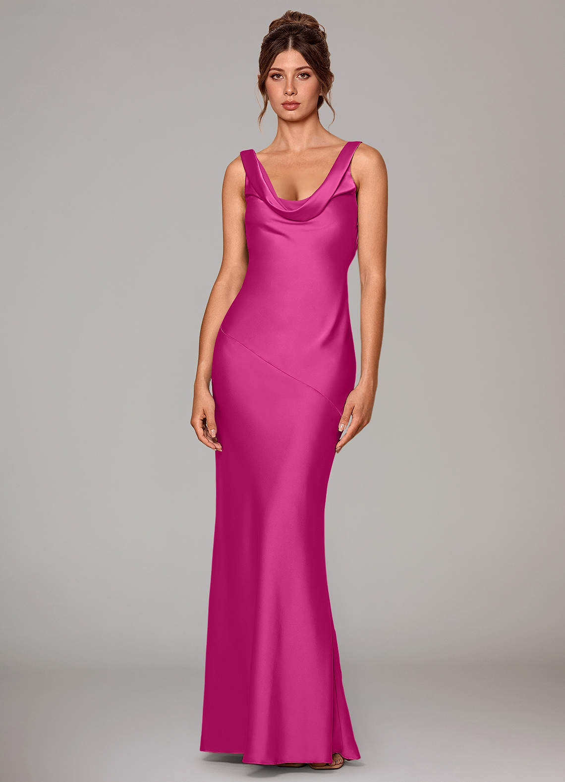 Rylina Mermaid Cowl-Neck Stretch Satin Bridesmaid Dress in Fuchsia