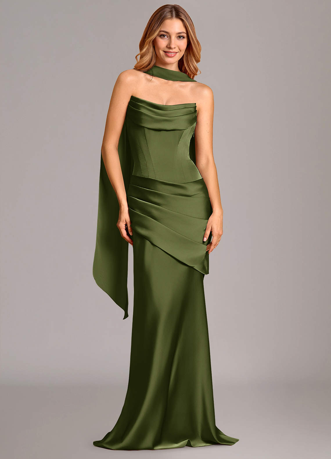 Pelagia Mermaid Cowl-Neck Stretch Satin Bridesmaid Dress in Olive