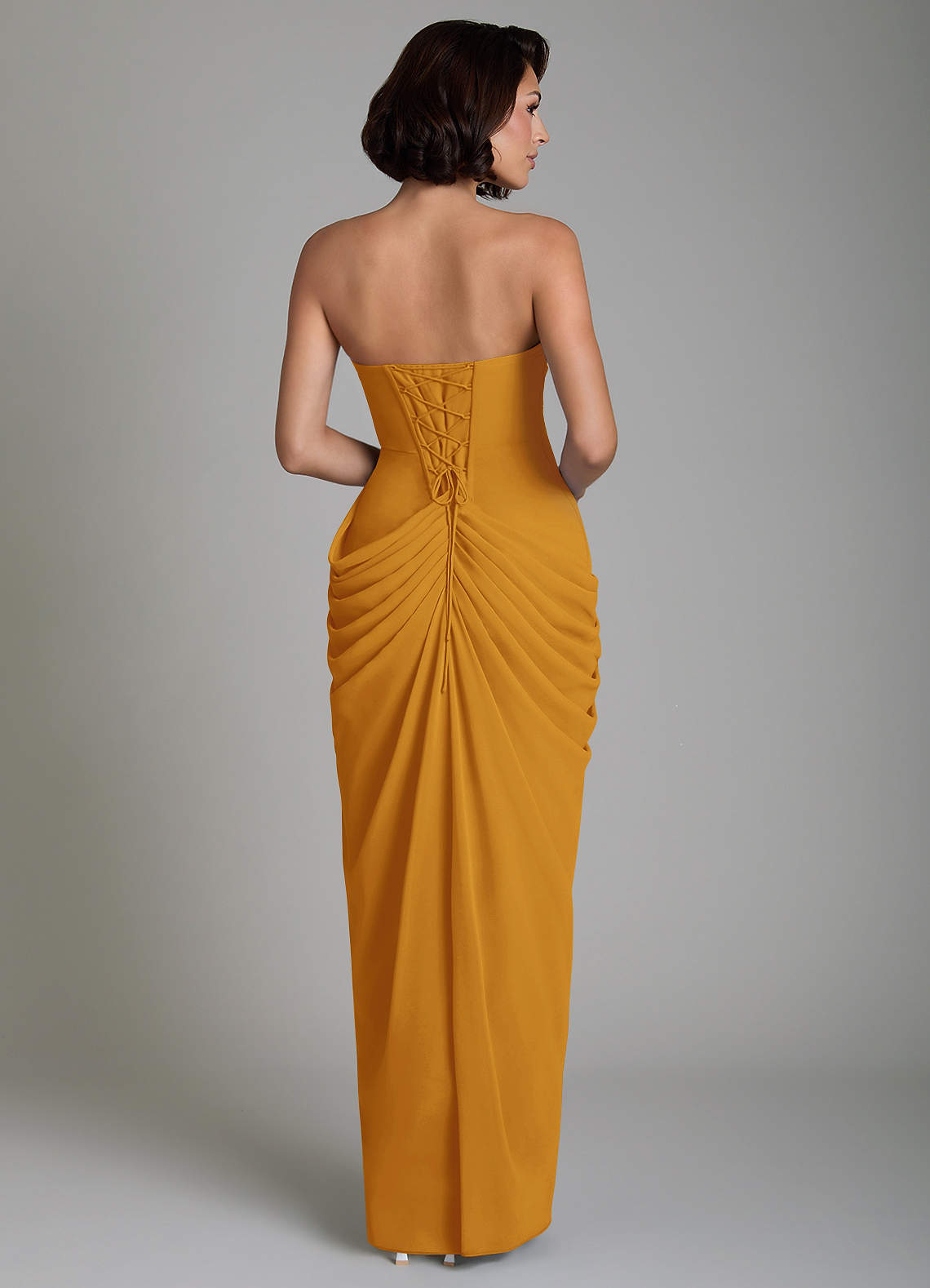 Nyra Sheath Strapless Chiffon Bridesmaid Dress in butterscotch
