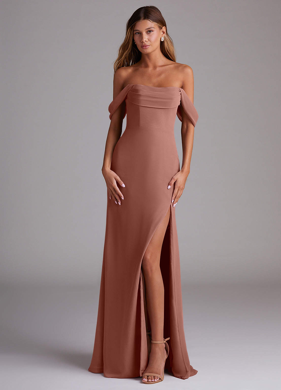 Saige A-Line Off-the-Shoulder Chiffon Bridesmaid Dress in Cedar Rose