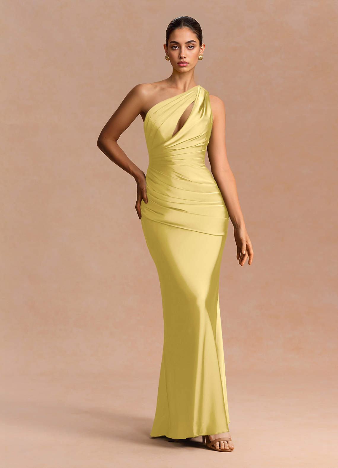 Guinevere One-Shoulder Cutout Stretch Satin Evening Dress in Dusty Blue