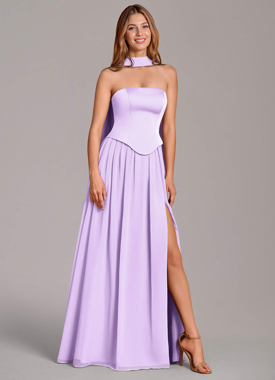 Cadence A-Line Strapless Chiffon and Stretch Satin Bridesmaid Dress in Lilac