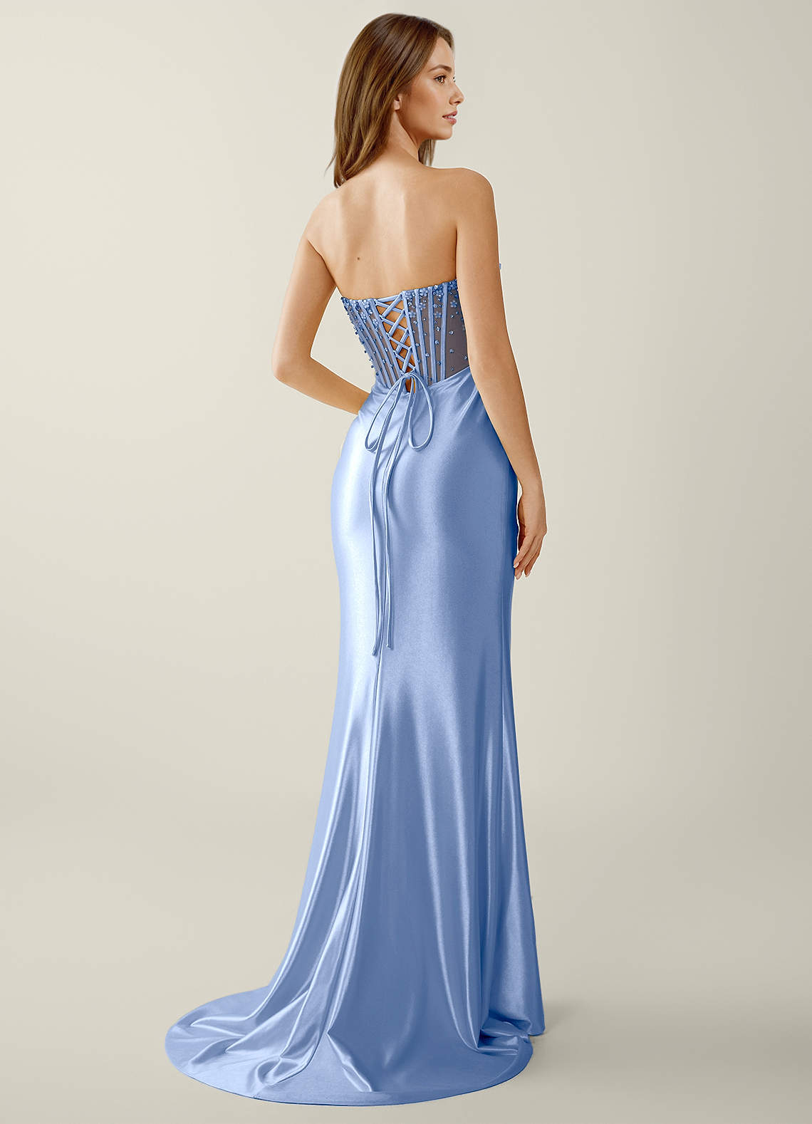 Willa Mermaid Strapless Sequined Satin Evening Dress in Powder Blue