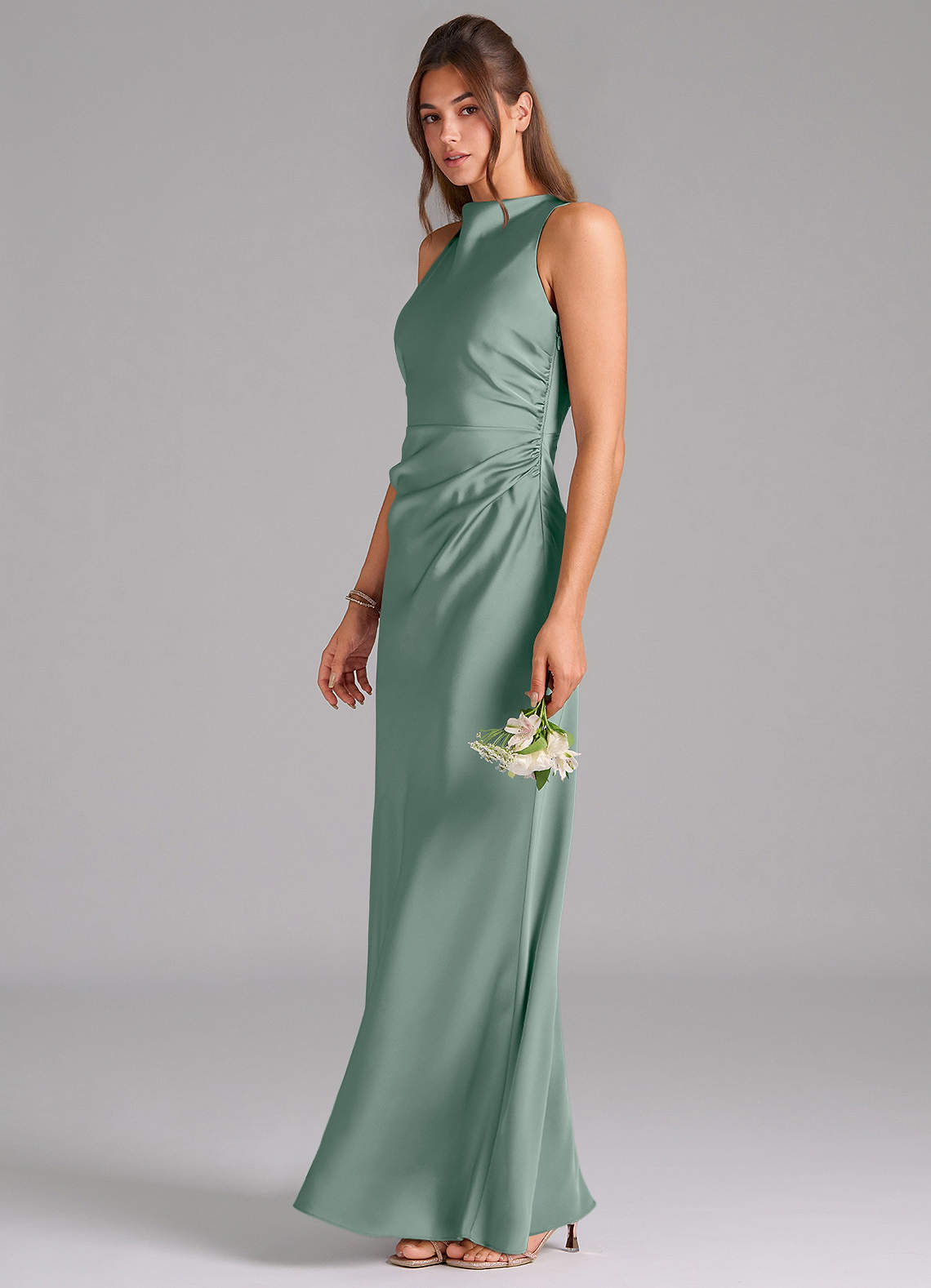 Evadne Sheath Scoop-Neck Stretch Satin Bridesmaid Dress in Silver Sage