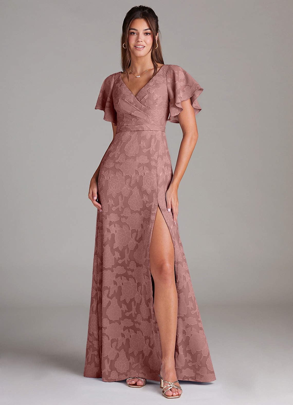 Ambrosia A-Line V-Neck Floral Burnout Bridesmaid Dress in dusty rose