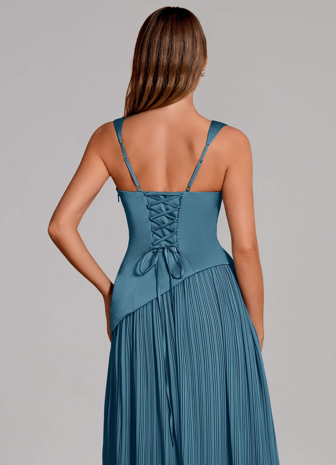 Stephanie A-Line Square-Neck Stretch Satin and Chiffon Bridesmaid Dress in Bermuda