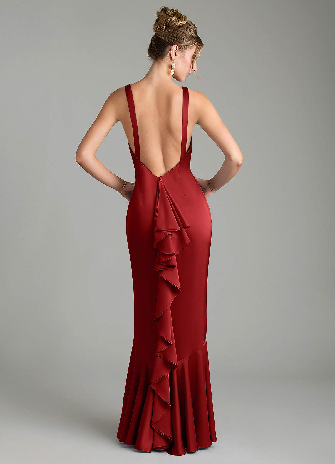 Tamera Mermaid Boat-Neck Stretch Satin and Chiffon Bridesmaid Dress in Pomegranate