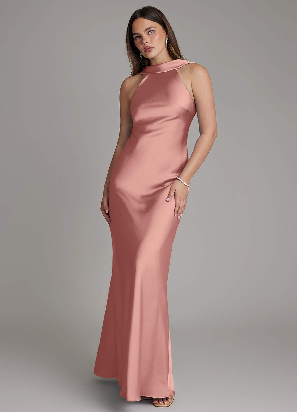 Dimitra Sheath Halter Stretch Satin Bridesmaid Dress in Rosette