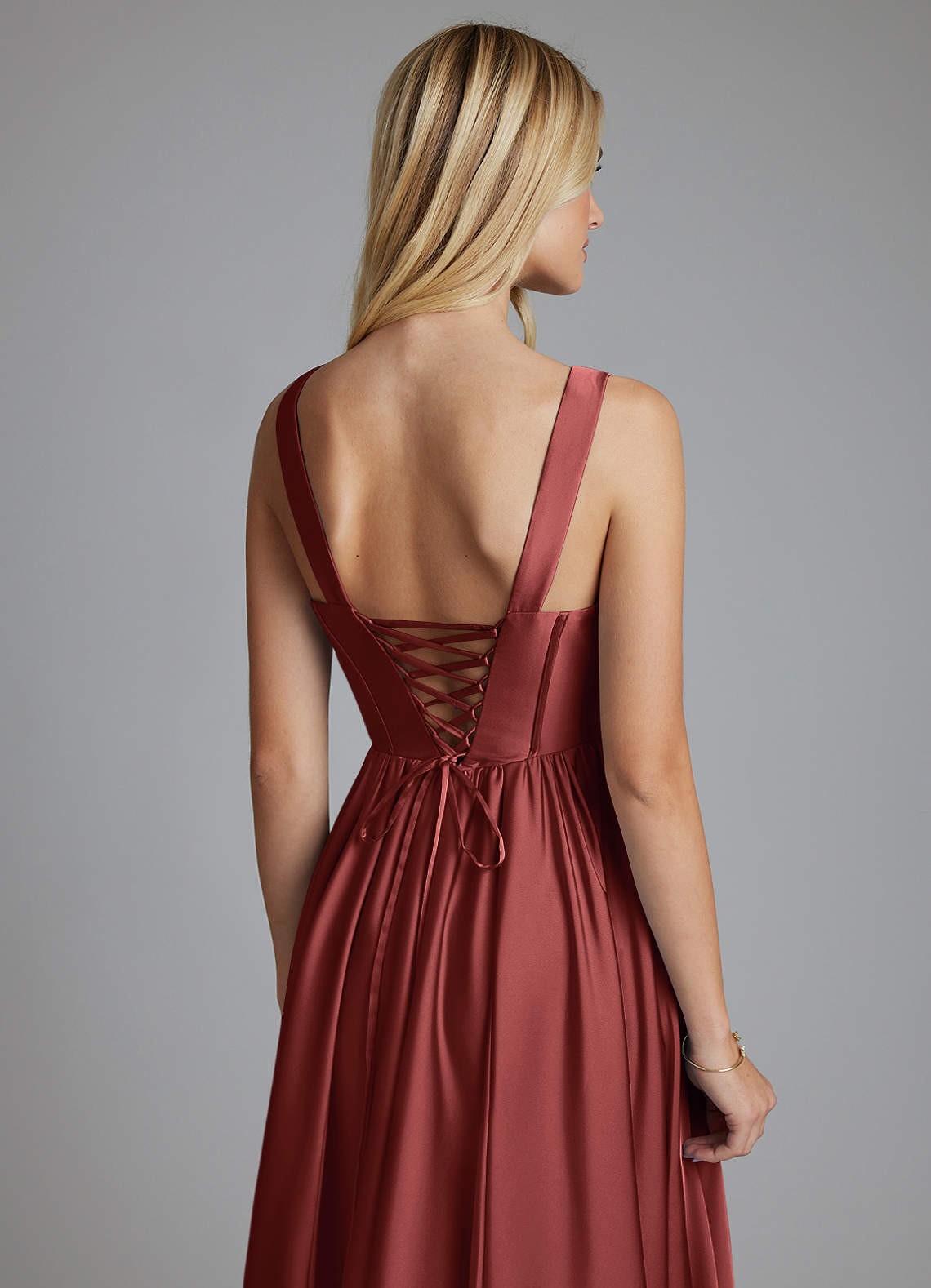 Delmie A-Line V-Neck Stretch Satin Bridesmaid Dress in Terracotta