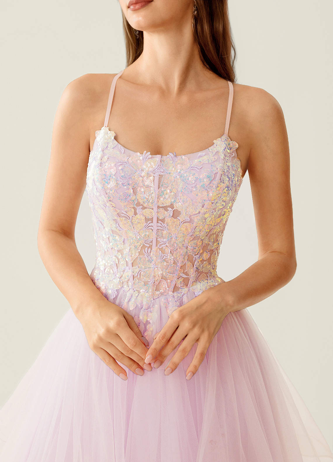 Mosaic A-Line V-Neck Tulle Evening Dress in pink