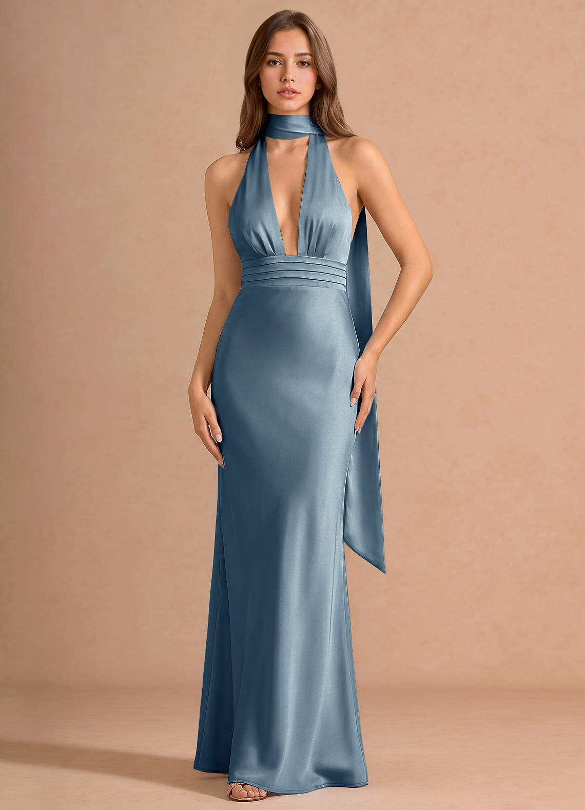Linnea A-Line V-Neck Stretch Satin Evening Dress in Powder Blue
