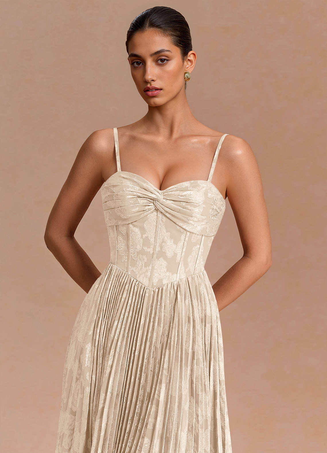 Delfina A-Line Twisted-Bust Fil Coupé Evening Dress in Cream