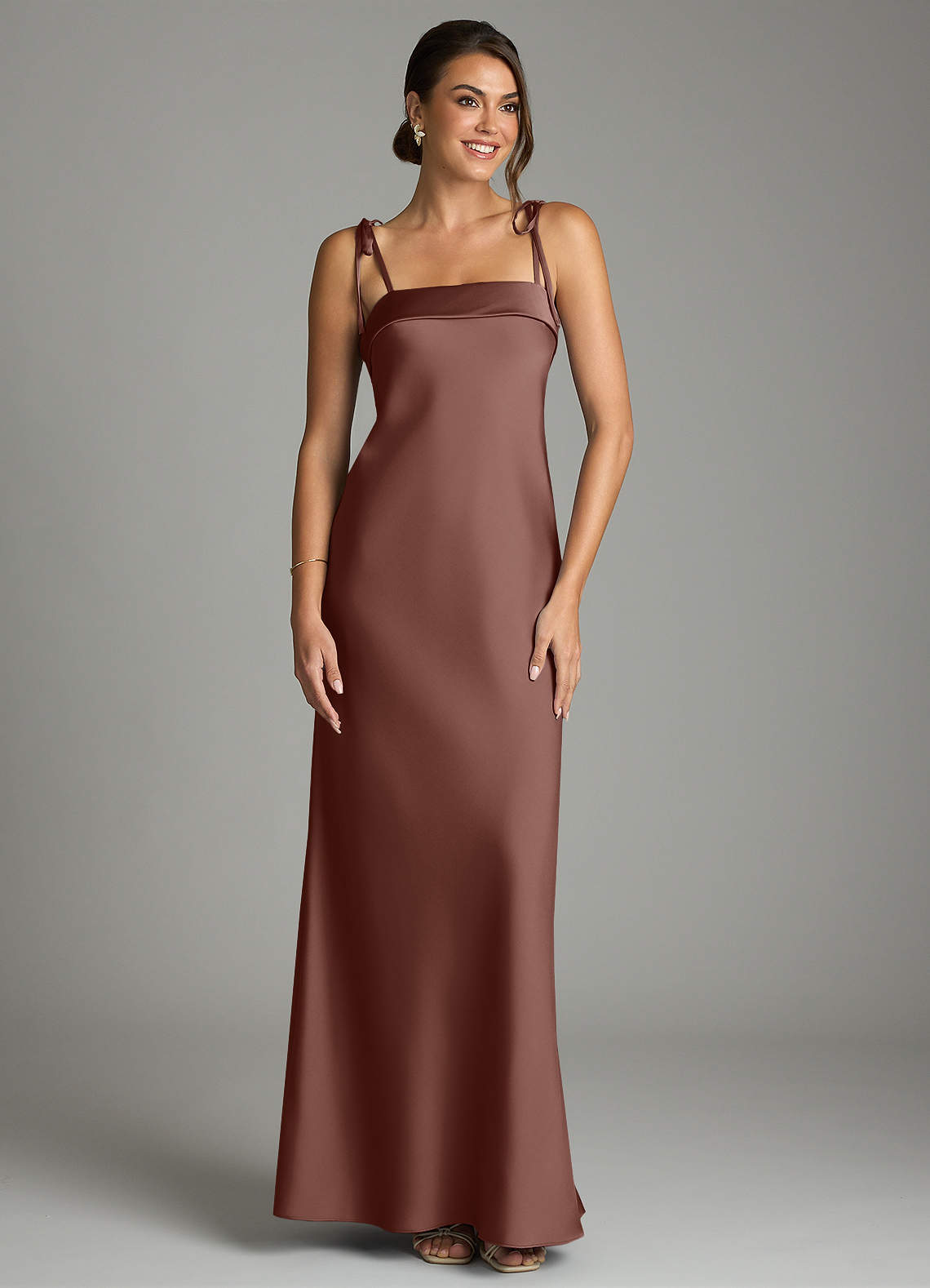 Ellia Sheath Straight-Neck Stretch Satin Bridesmaid Dress in Espresso