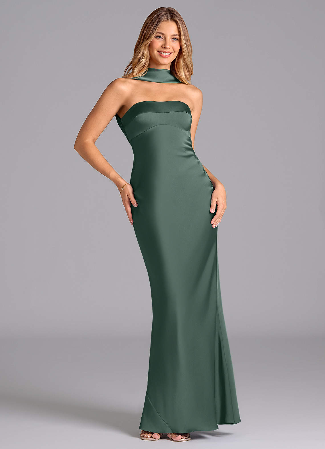 Lusinda Mermaid Strapless Stretch Satin Bridesmaid Dress in Sea Moss