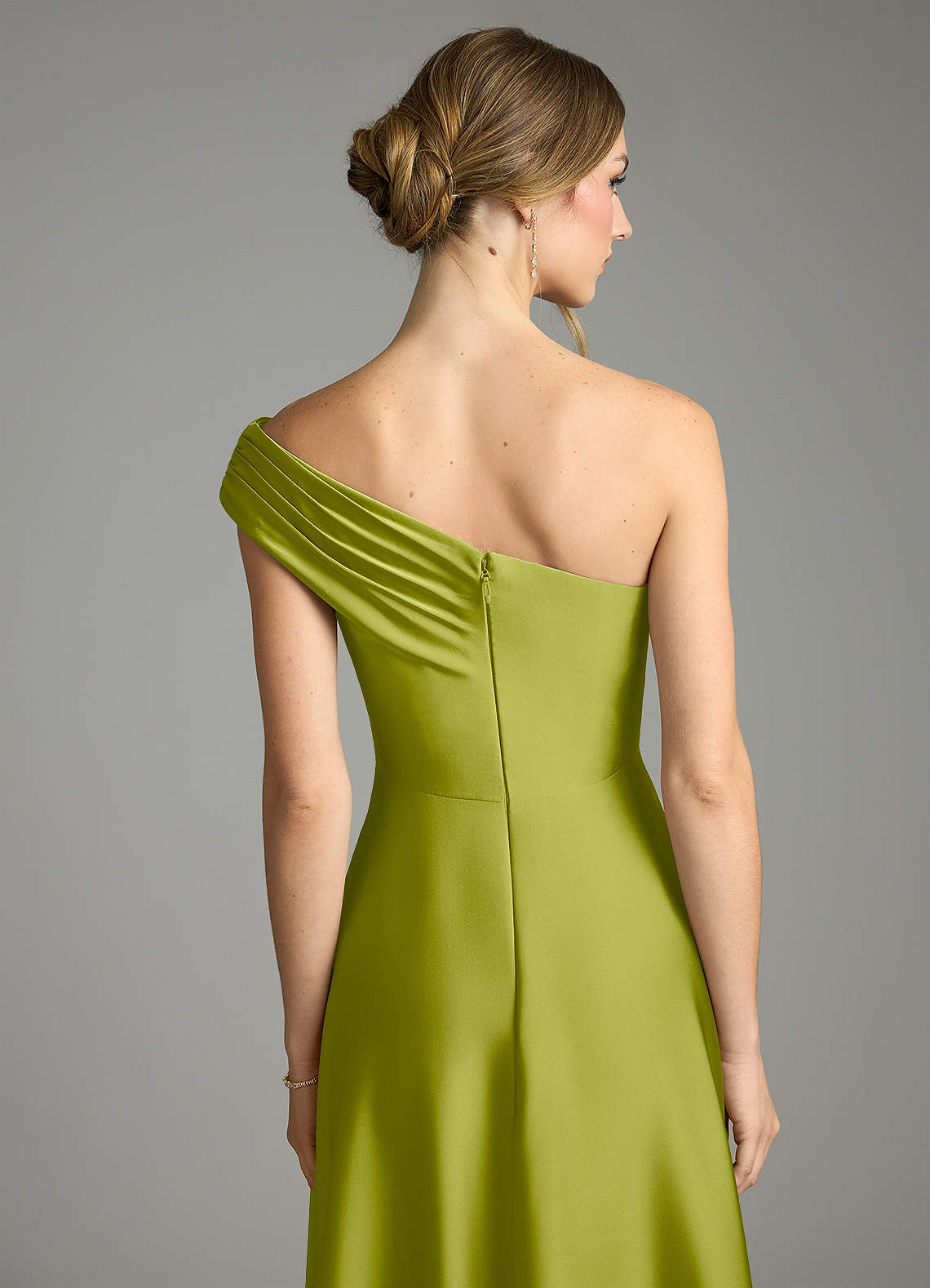 Melanie A-Line One-Shoulder Stretch Satin Bridesmaid Dress in Lemongrass