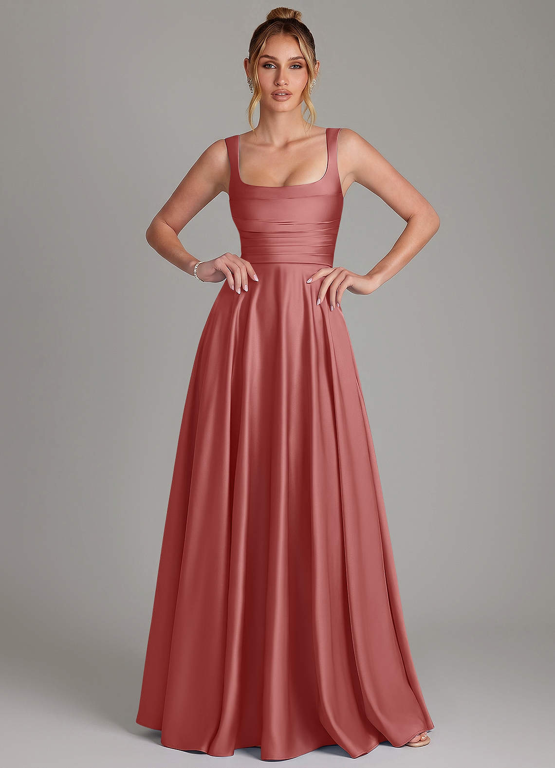 Azaria A-Line Square-Neck Stretch Satin Bridesmaid Dress in Antique Rose