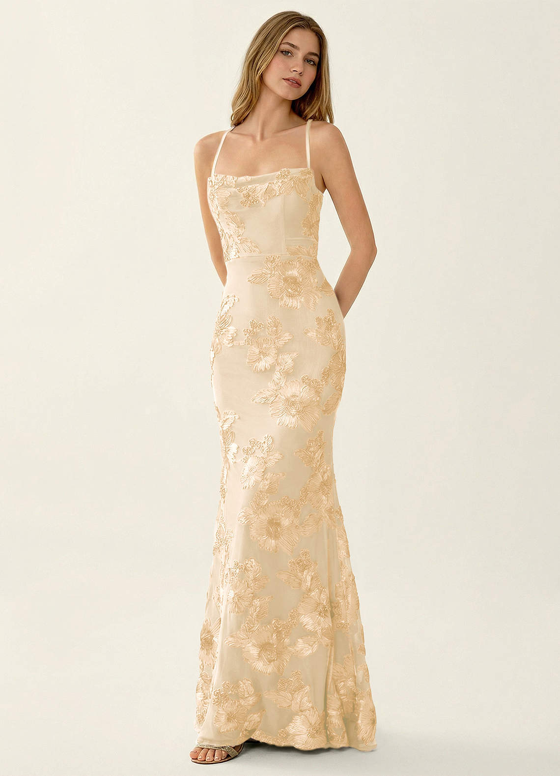 Kailani Mermaid Spaghetti-Strap Lace Evening Dress in Yellow