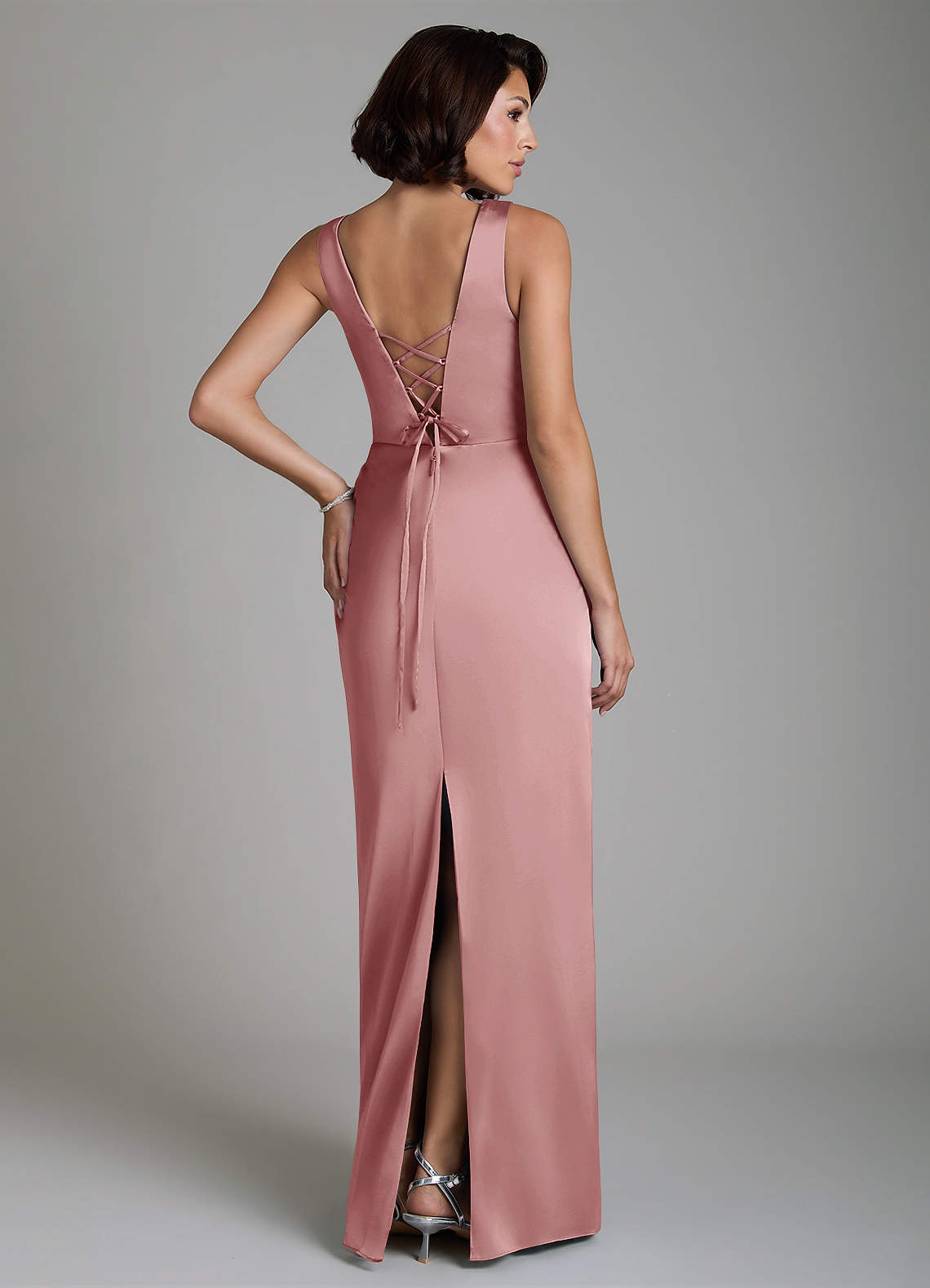 Vanya Sheath V-Neck Stretch Satin Bridesmaid Dress in dusty rose