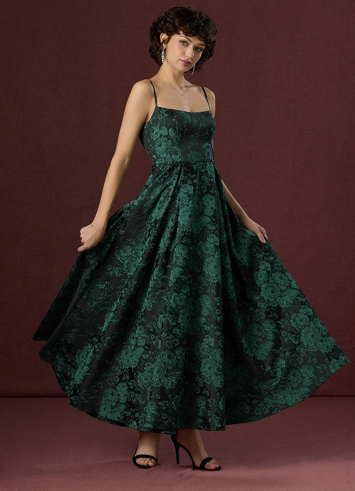 Wendy A-Line V-Back Jacquard Wedding Guest Dress in Black Emerald