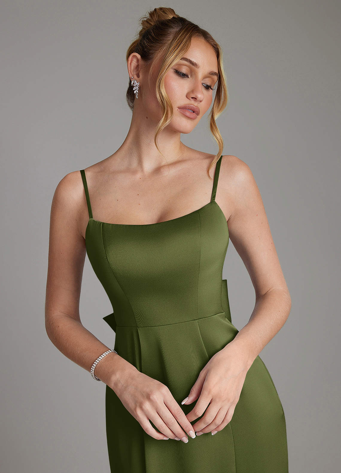 Zherra Mermaid Scoop-Neck Stretch Satin Bridesmaid Dress in Olive