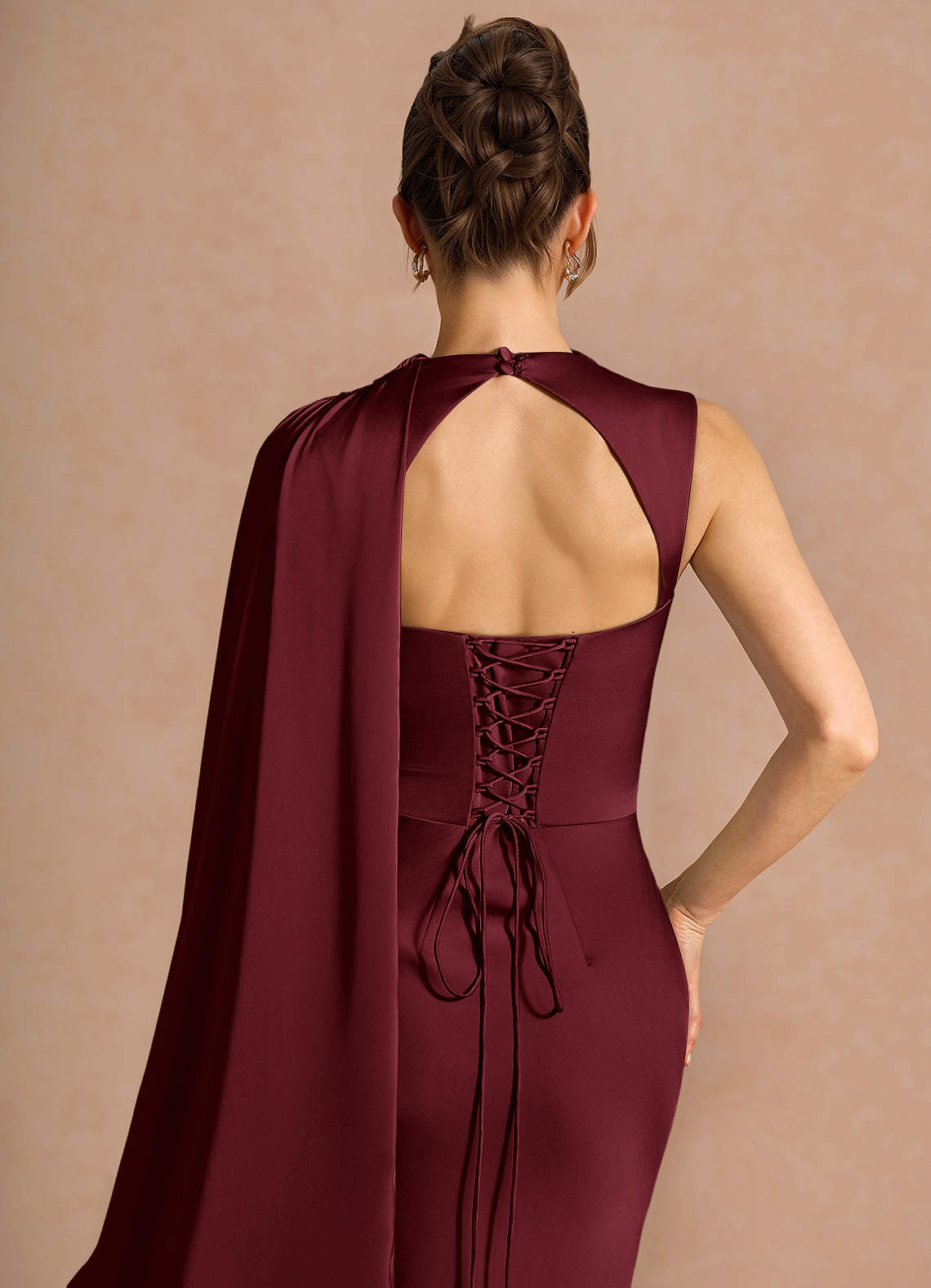 Chesney Cape-Sleeve Pleated Stretch Satin Wedding Guest Dress in Wine