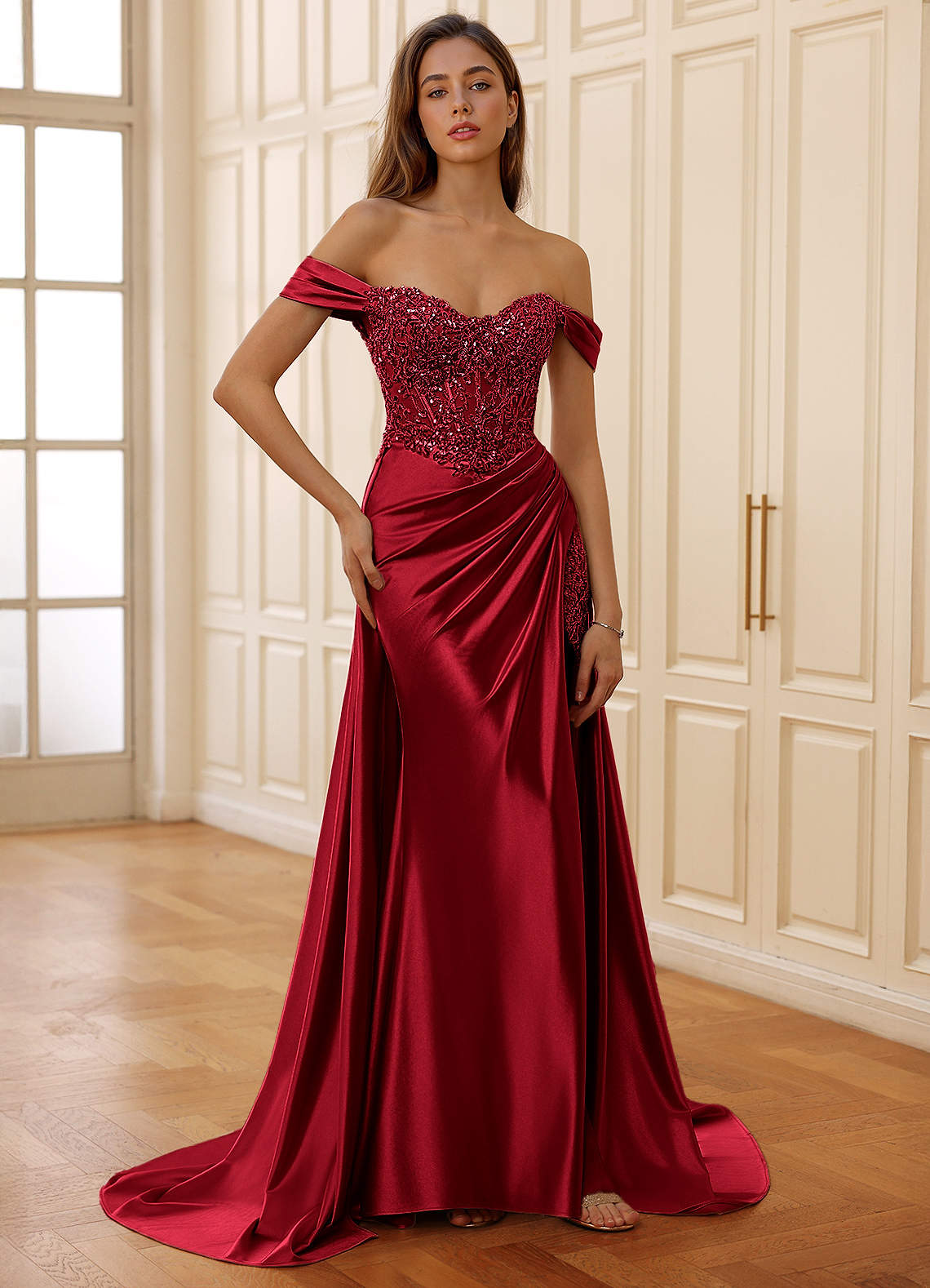 Rowane A-Line Off-the-Shoulder Satin Evening Dress in Red