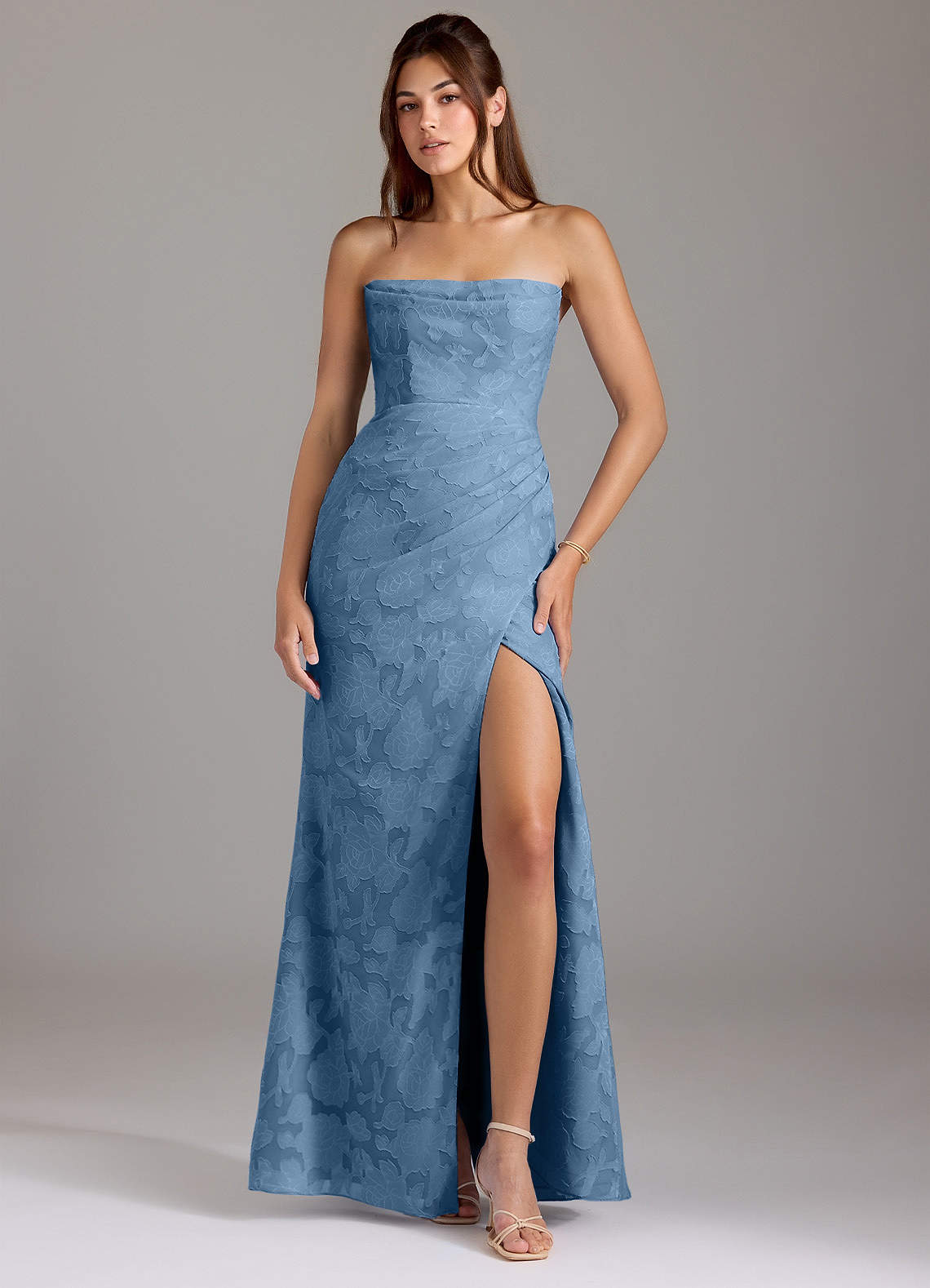 Leonis Sheath Strapless Floral Burnout Bridesmaid Dress in Steel Blue