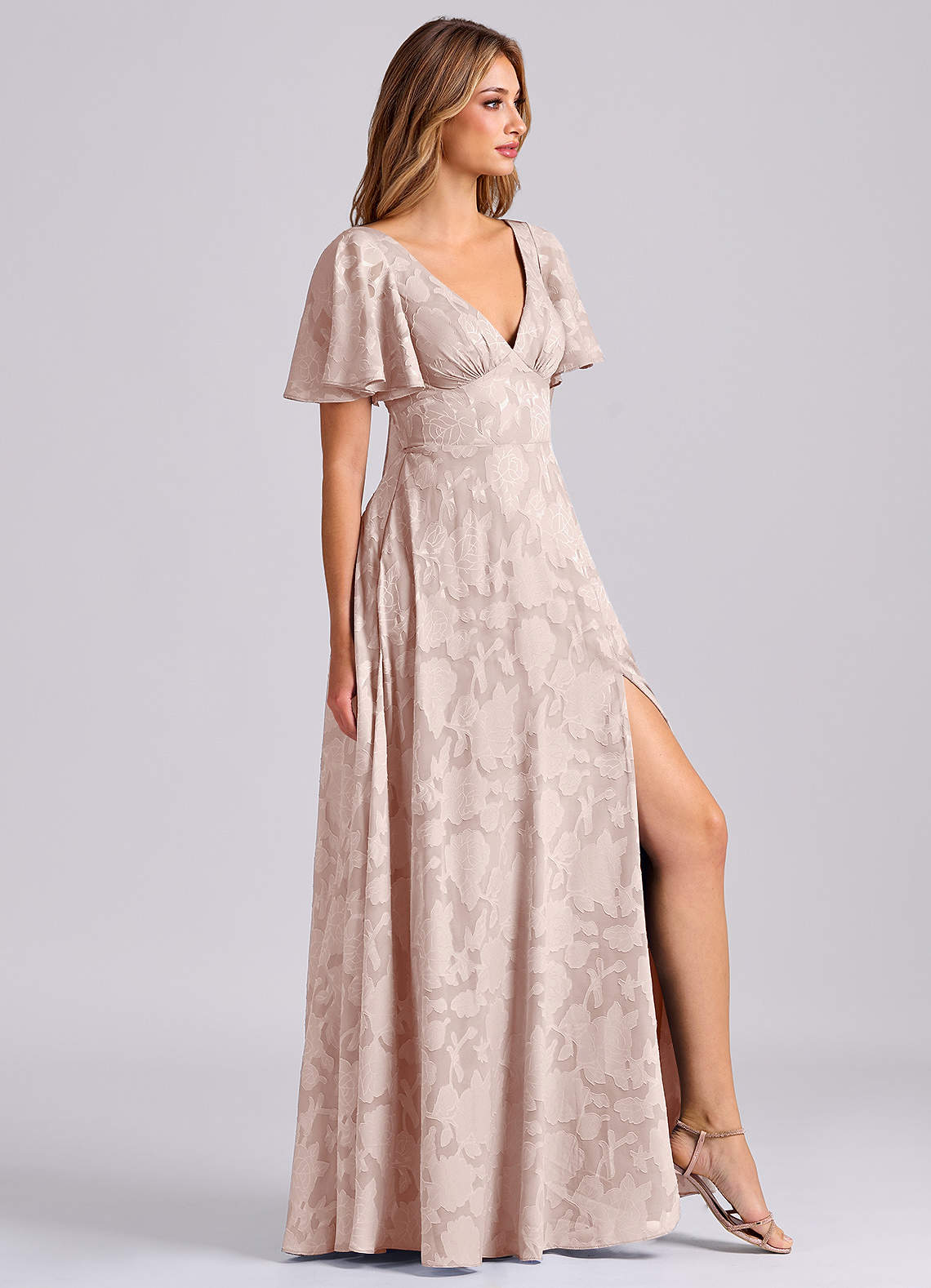 Kimber A-Line V-Neck Floral Burnout Bridesmaid Dress in Blushing Pink
