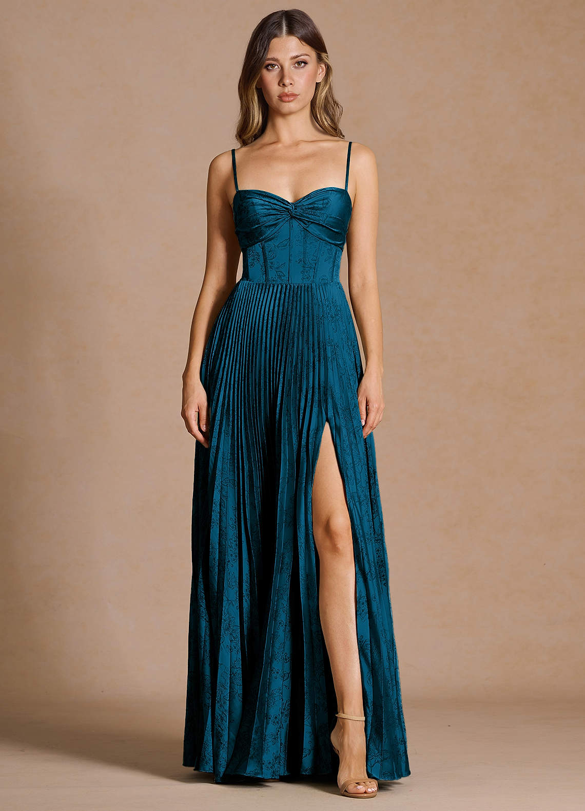 Vesper Pleated Knot-Neck Jacquard Wedding Guest Dress in Navy Black