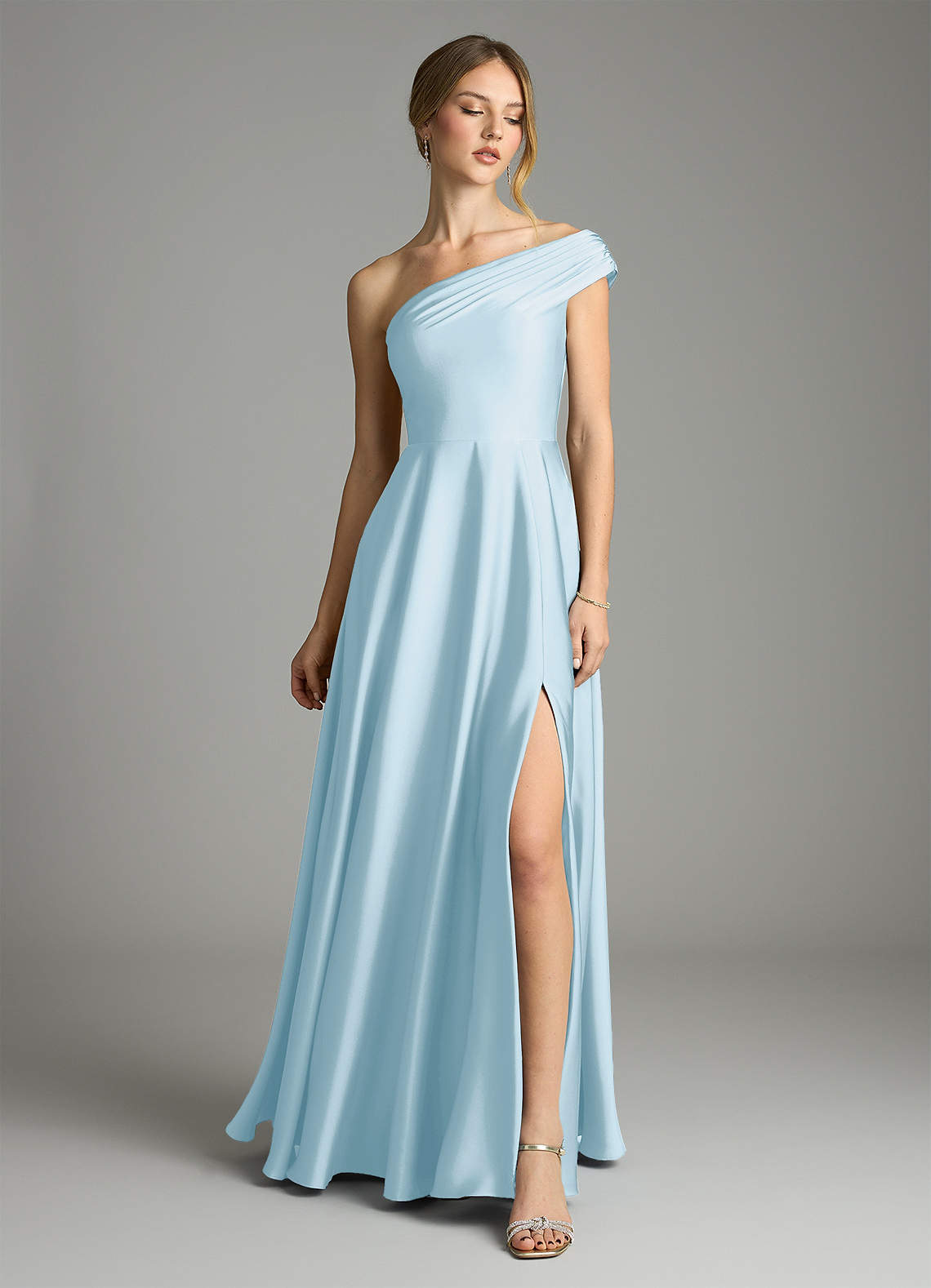 Melanie A-Line One-Shoulder Stretch Satin Bridesmaid Dress in Sky Blue