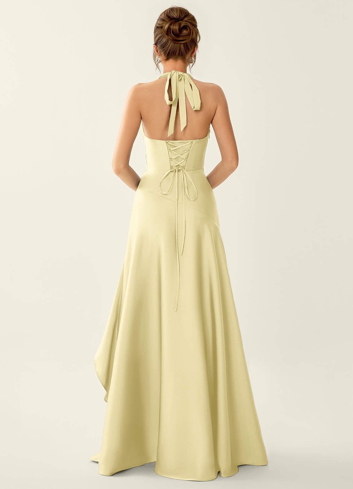 Titania Halter Asymmetric-Ruffle Satin Evening Dress in Lemon Sorbet